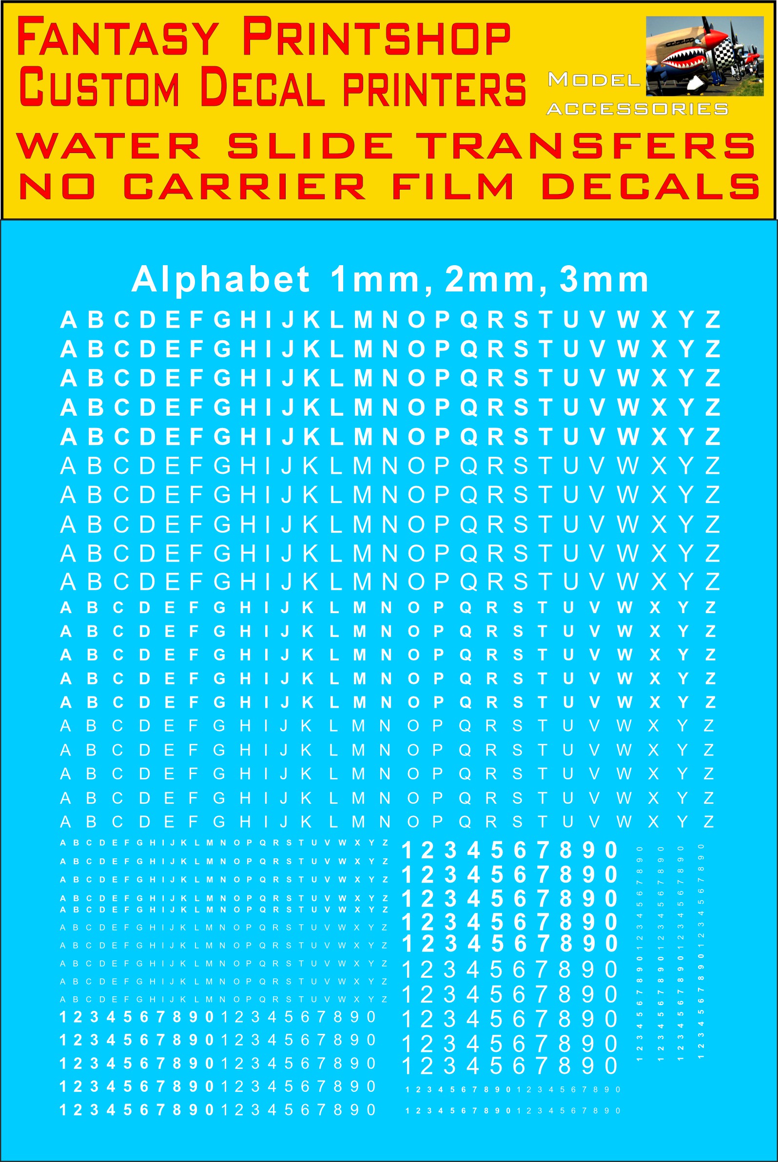 Alphabet LETTERS 3-2-1mm WHITE WATER SLIDE TRANSFERS DECALS