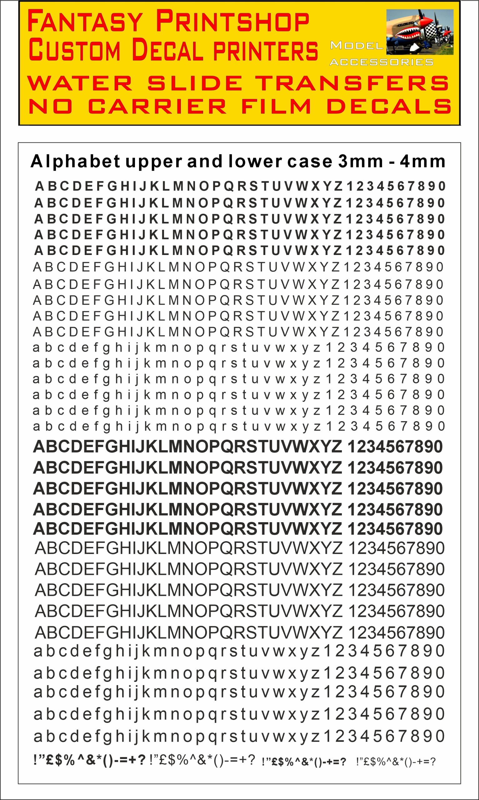 Alphabet LETTERS 3-4mm black WATER SLIDE TRANSFERS DECALS