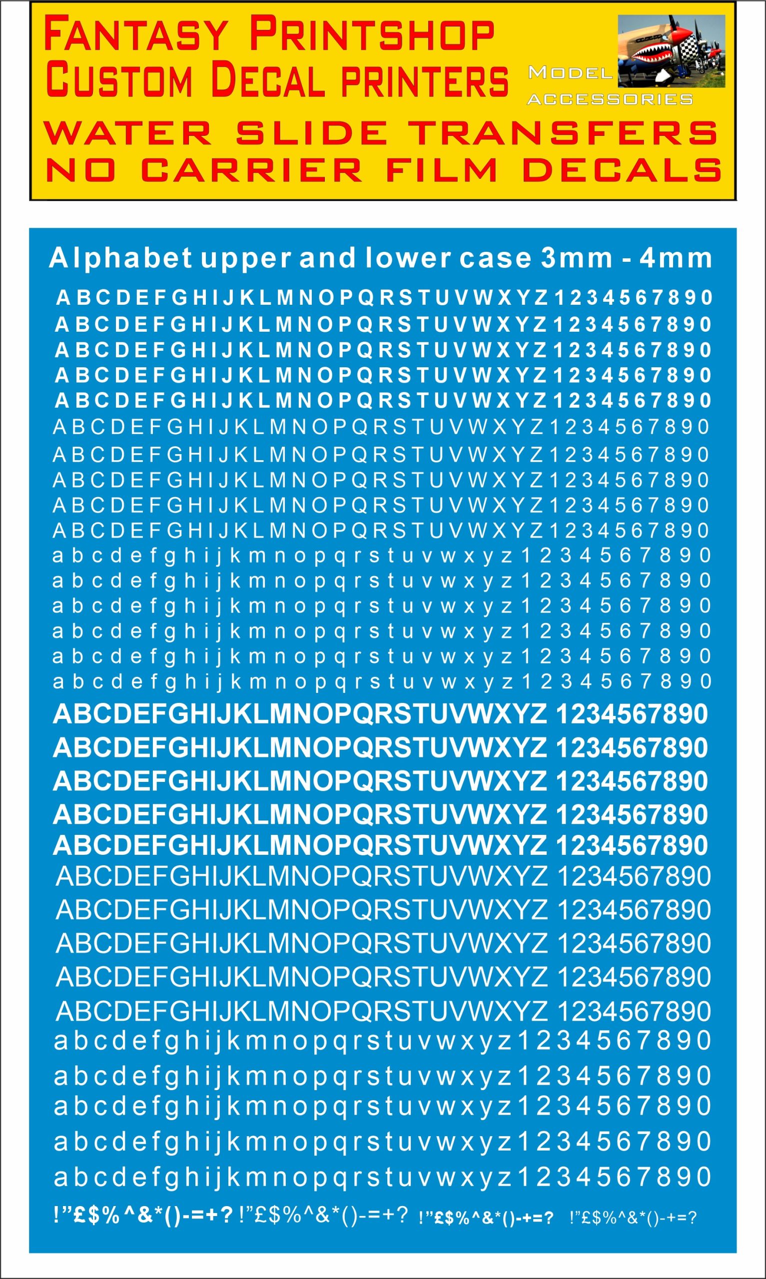Alphabet LETTERS 3-4mm WHITE WATER SLIDE TRANSFERS DECAL