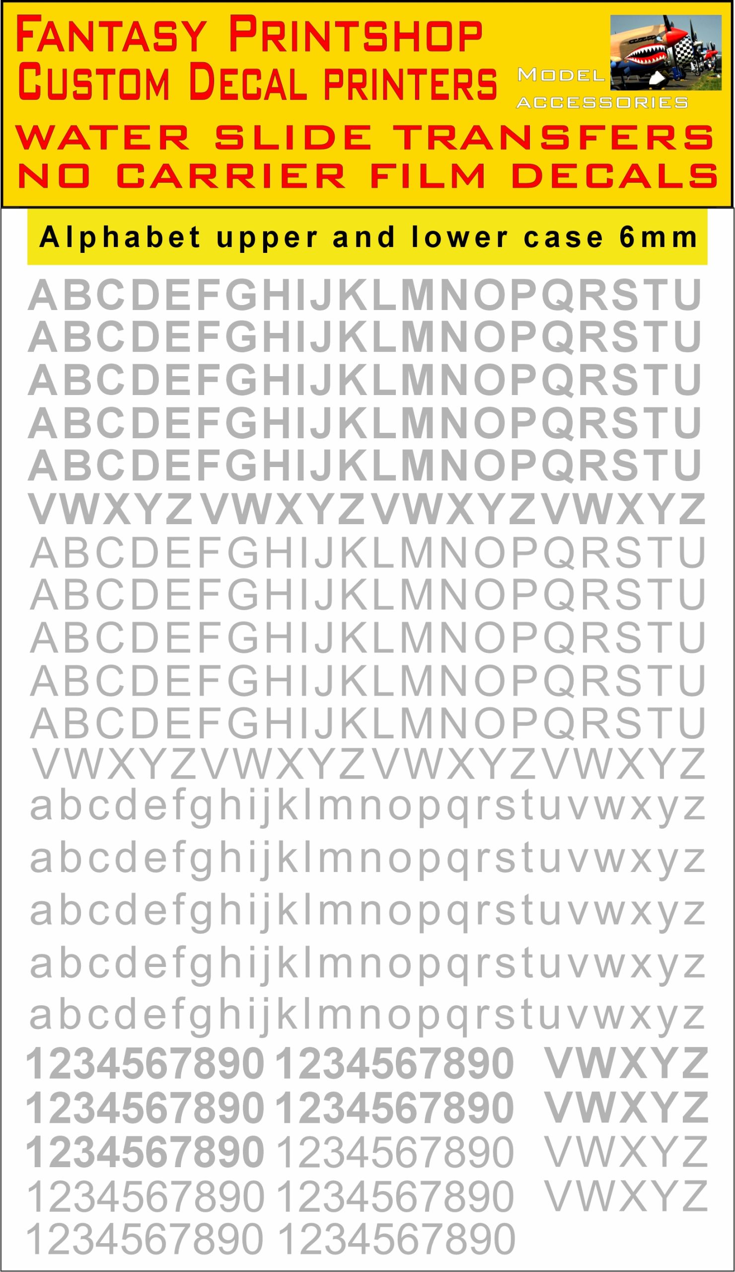 Alphabet LETTERS 6mm GREY WATER SLIDE TRANSFERS DECALS