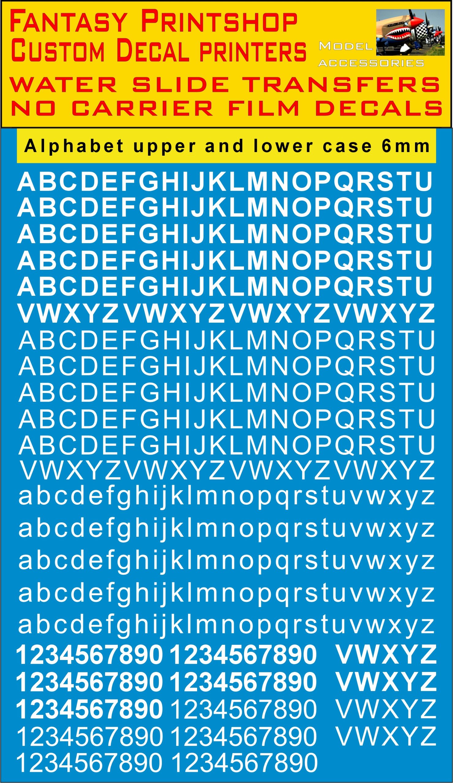 Alphabet LETTERS 6mm WHITE WATER SLIDE TRANSFERS DECAL