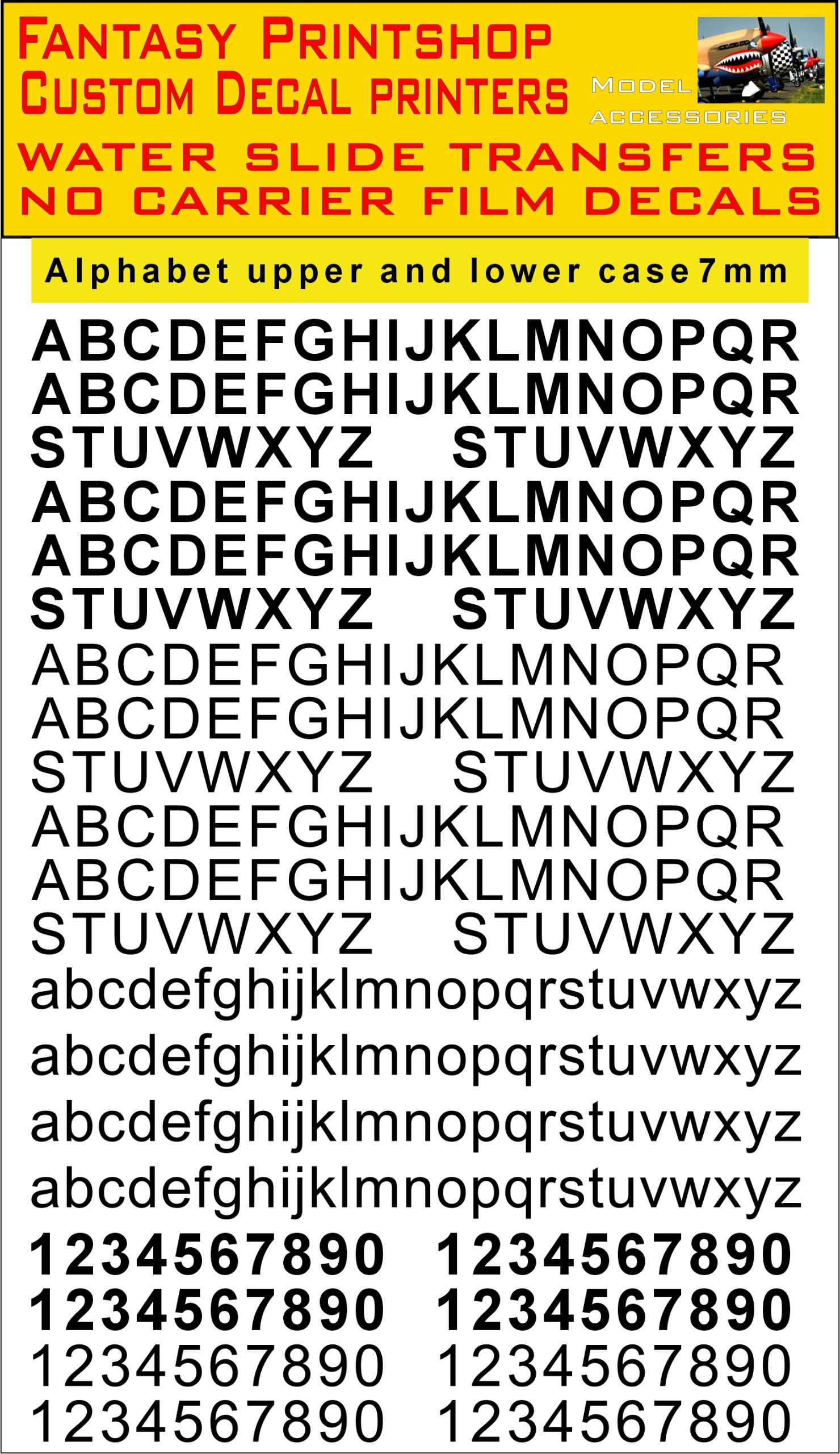 Alphabet LETTERS 7mm BLACK, WATER SLIDE TRANSFERS DECALS