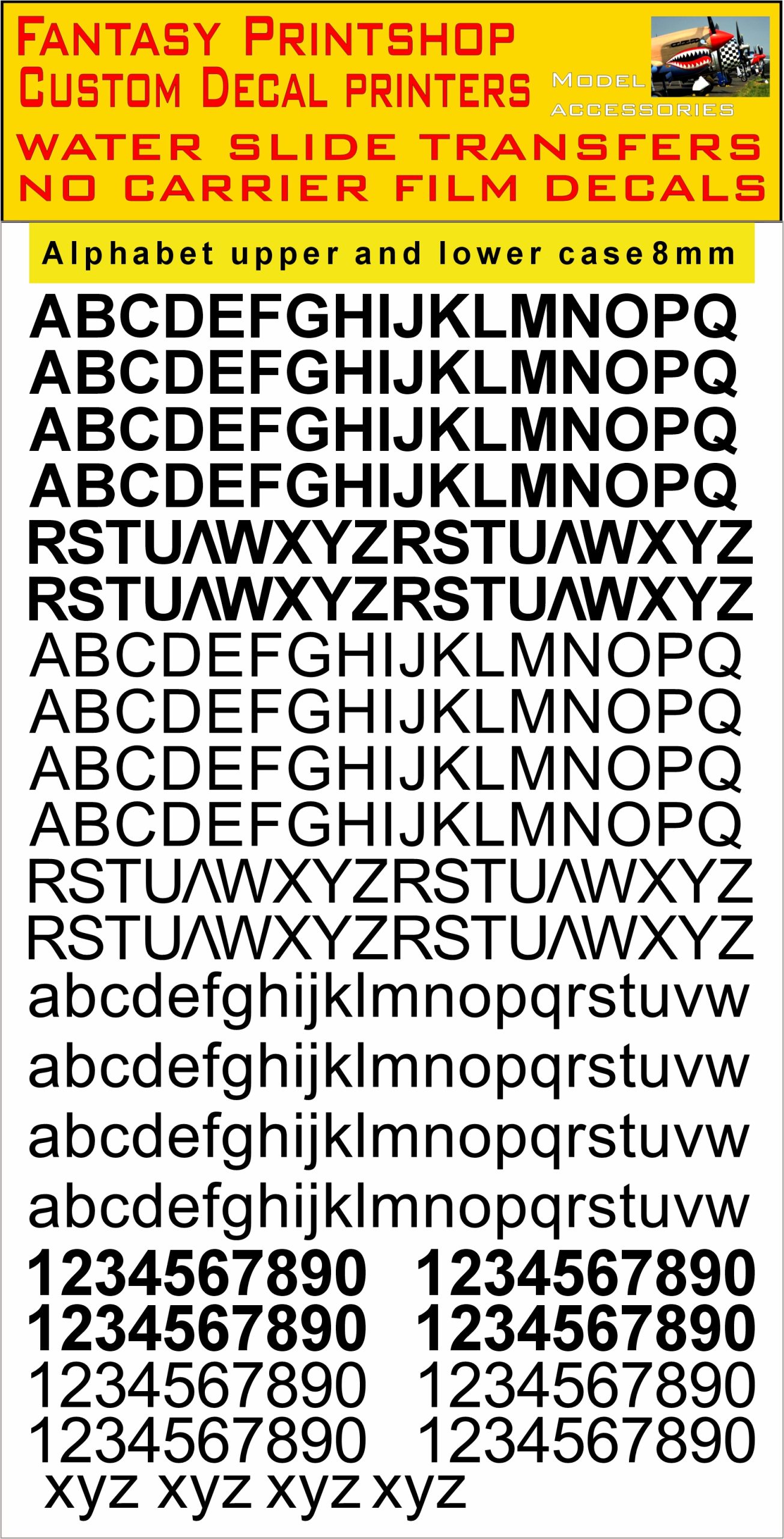 Alphabet LETTERS 8mm BLACK, WATER SLIDE TRANSFERS DECALS