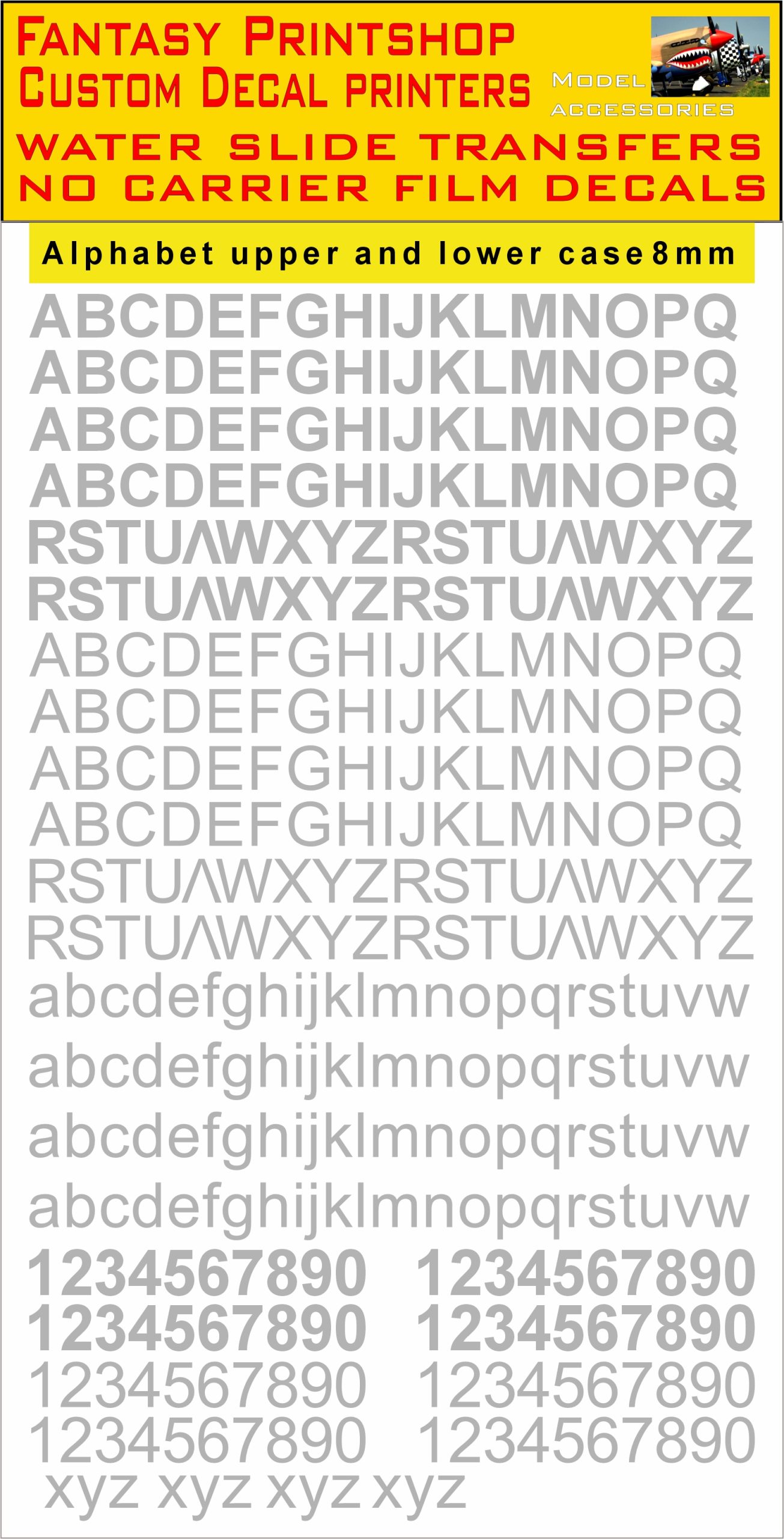 Alphabet LETTERS 8mm GREY WATER SLIDE TRANSFERS DECALS