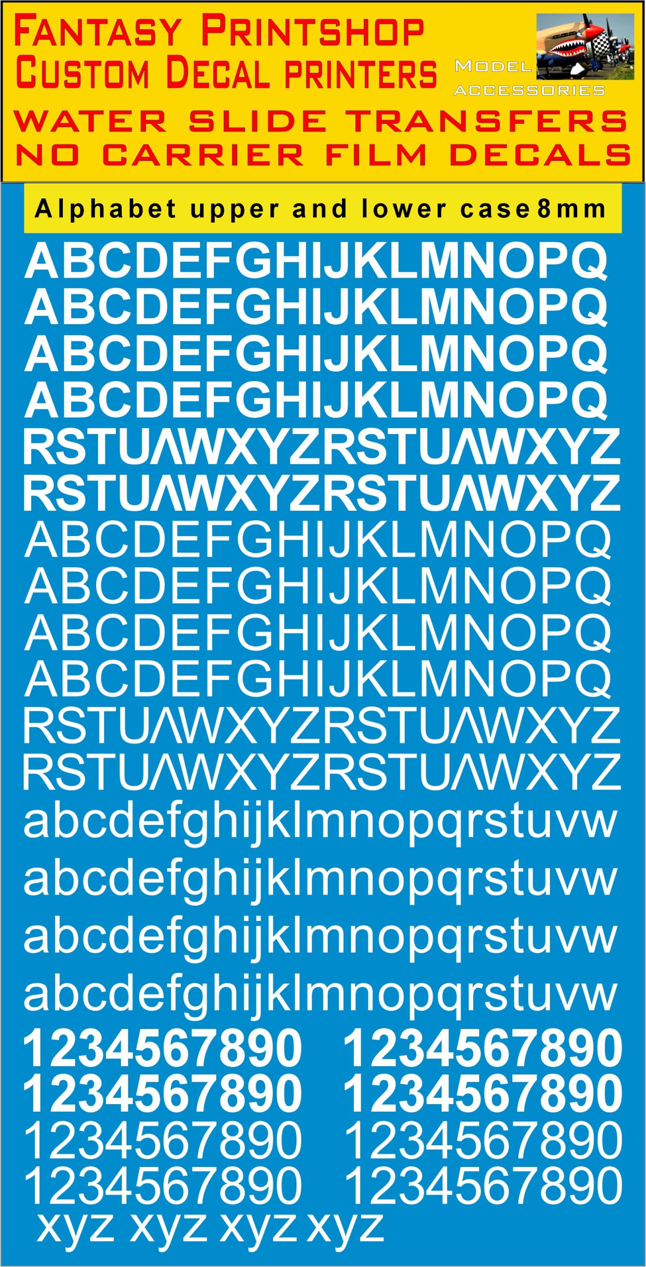 Alphabet LETTERS 8mm WHITE WATER SLIDE TRANSFERS DECALS