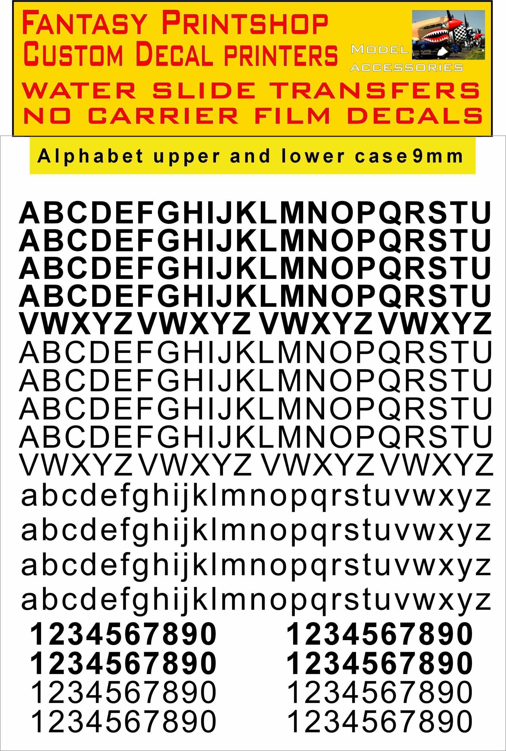 Alphabet LETTERS 9mm BLACK, WATER SLIDE TRANSFERS DECALS