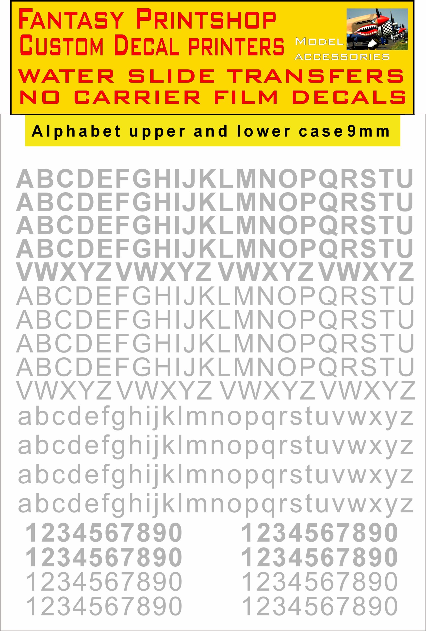 Alphabet LETTERS 9mm GREY WATER SLIDE TRANSFERS DECALS