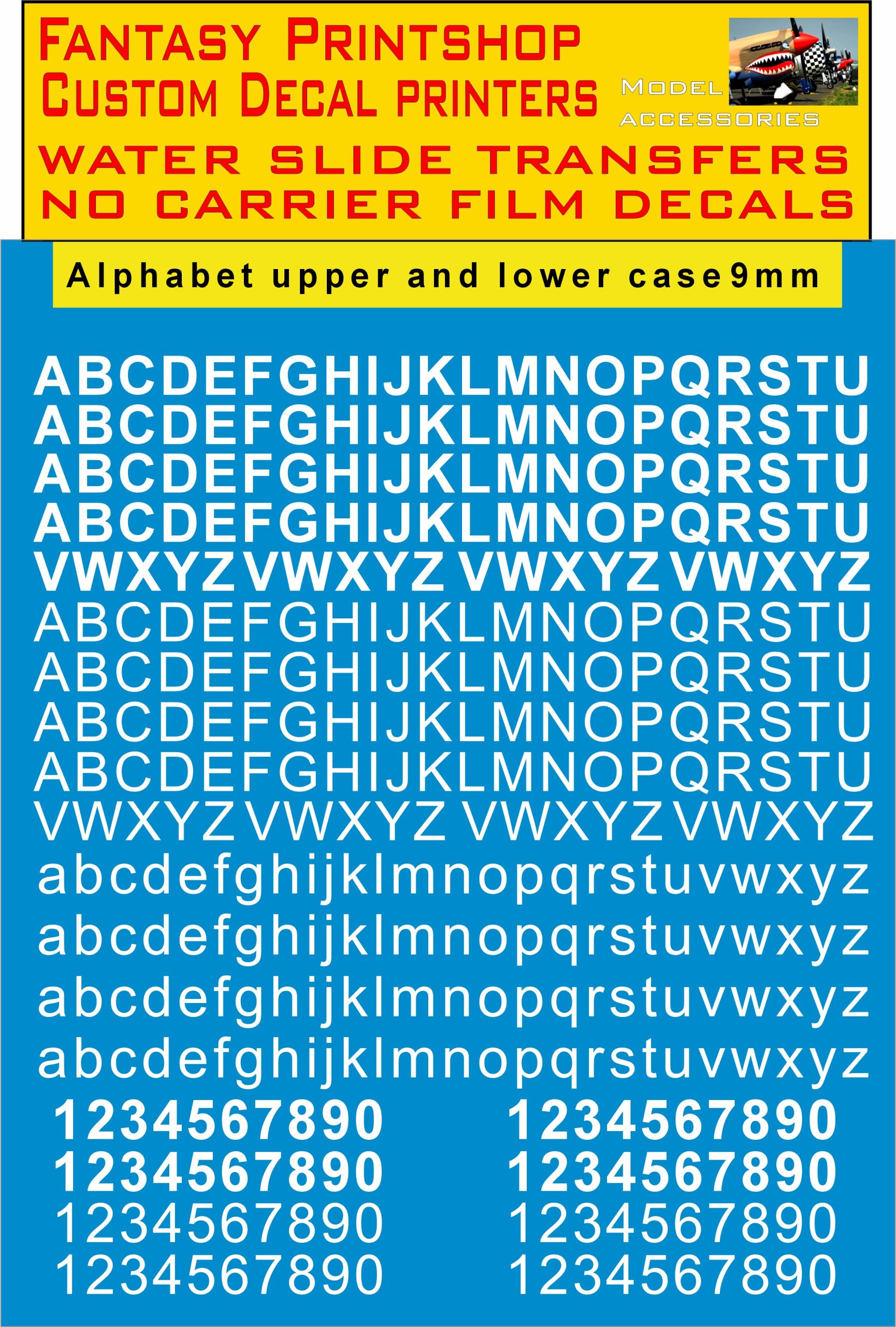Alphabet LETTERS 9mm WHITE WATER SLIDE TRANSFERS DECALS