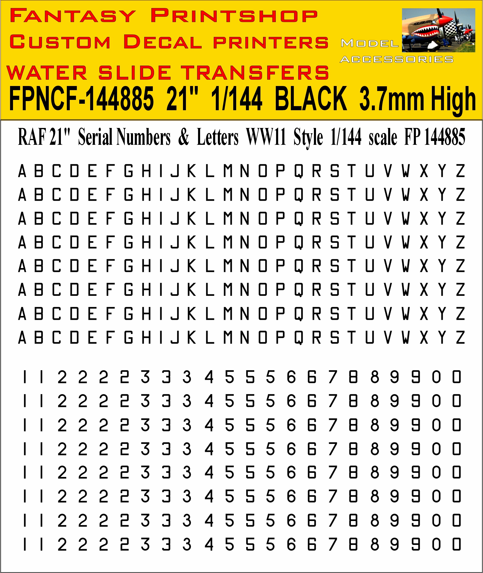 21 inch black Letter numbers WWII 1-144 scale water slide transfers decals