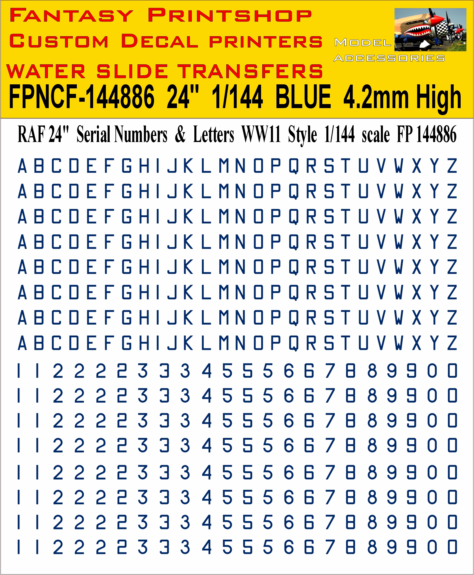 24 inch Letter blue numbers WWII 1-144 scale water slide transfers decals