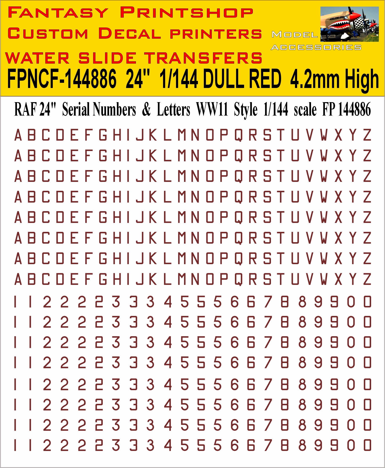 24 inch Letter Dull RED numbers WWII 1-144 scale water slide transfers decals