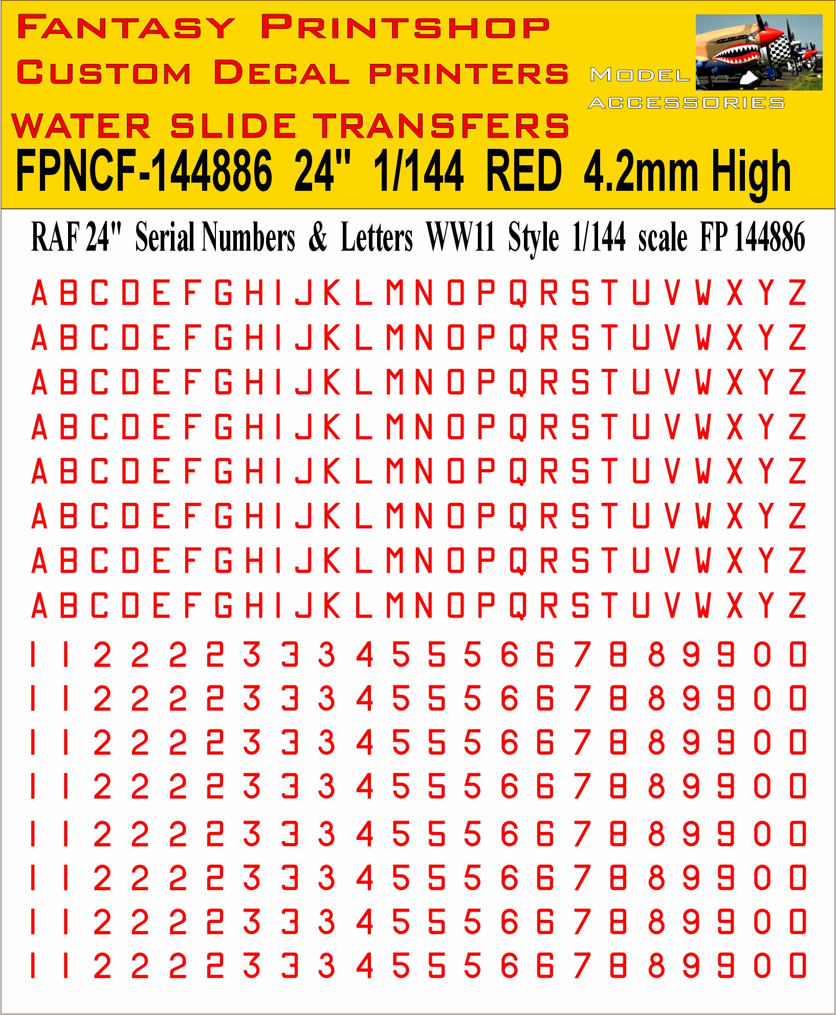 24 inch Letter RED numbers WWII 1-144 scale water slide transfers decals