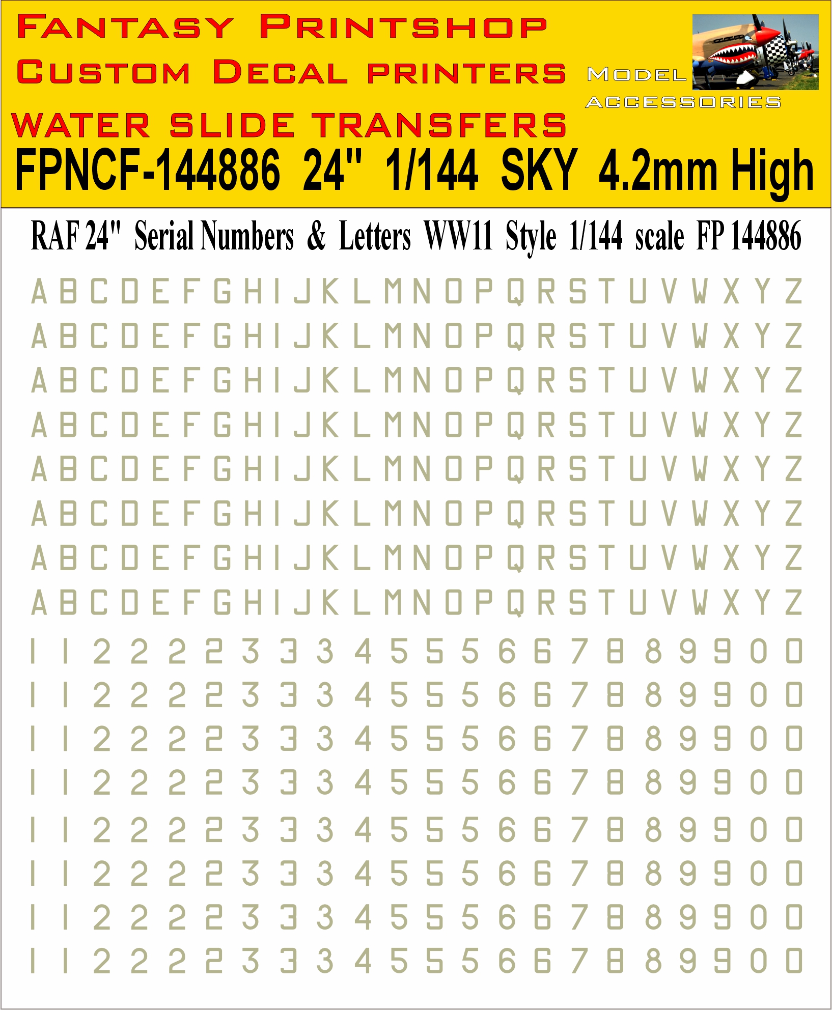 24 inch Letter sky numbers WWII 1-144 scale water slide transfers decals