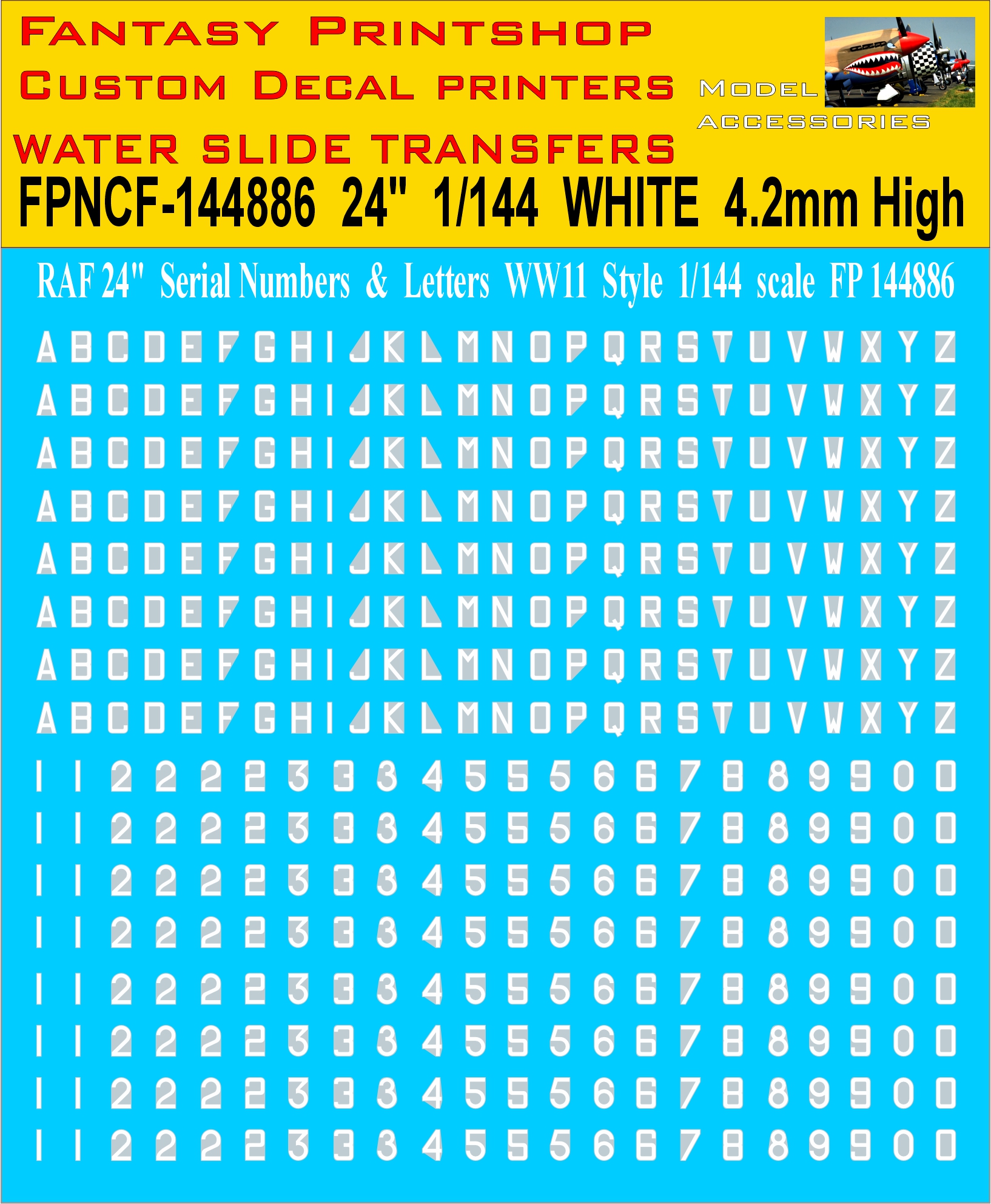 24 inch Letter WHITE numbers WWII 1-144 scale water slide transfers decals