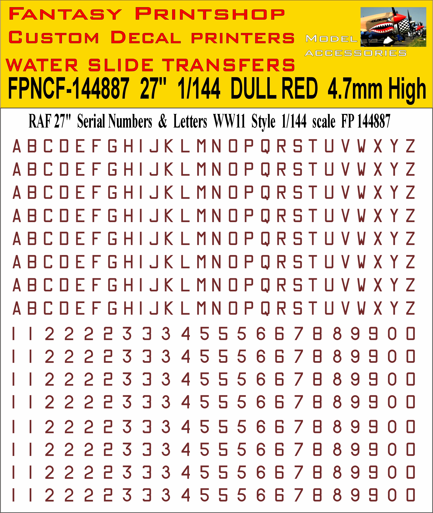 27 inch DULL RED Letter numbers WWII 1-144 scale water slide transfers decals