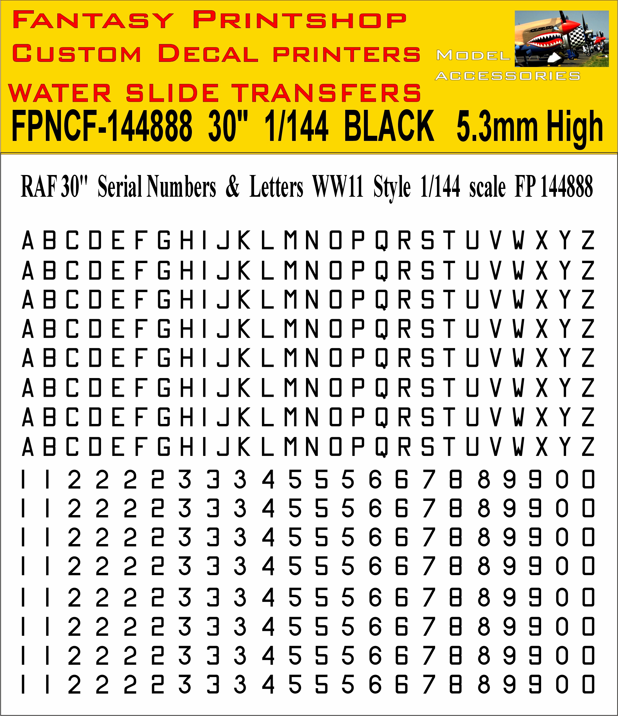 30 inch BLACK Letter numbers WWII 1-144 scale water slide transfers decals