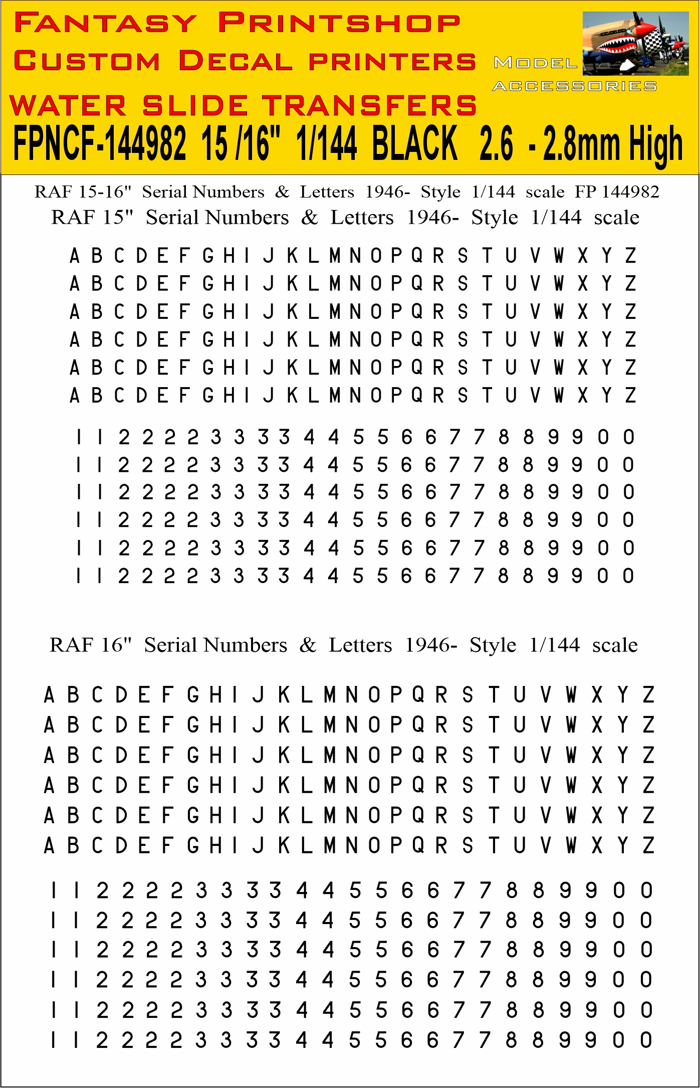 RAF 15 16 inch Letters and Numbers 1946- 1-144 DECALS IN BLACK, FP144982