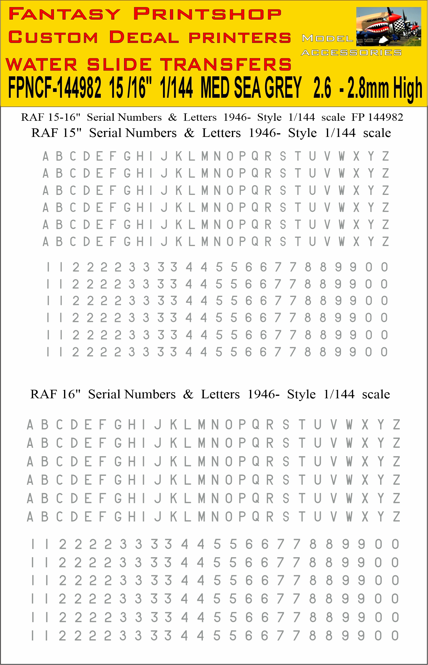 RAF 15 16 inch Letters and Numbers 1946- 1-144 DECALS IN MED SEA GREY, FP144982
