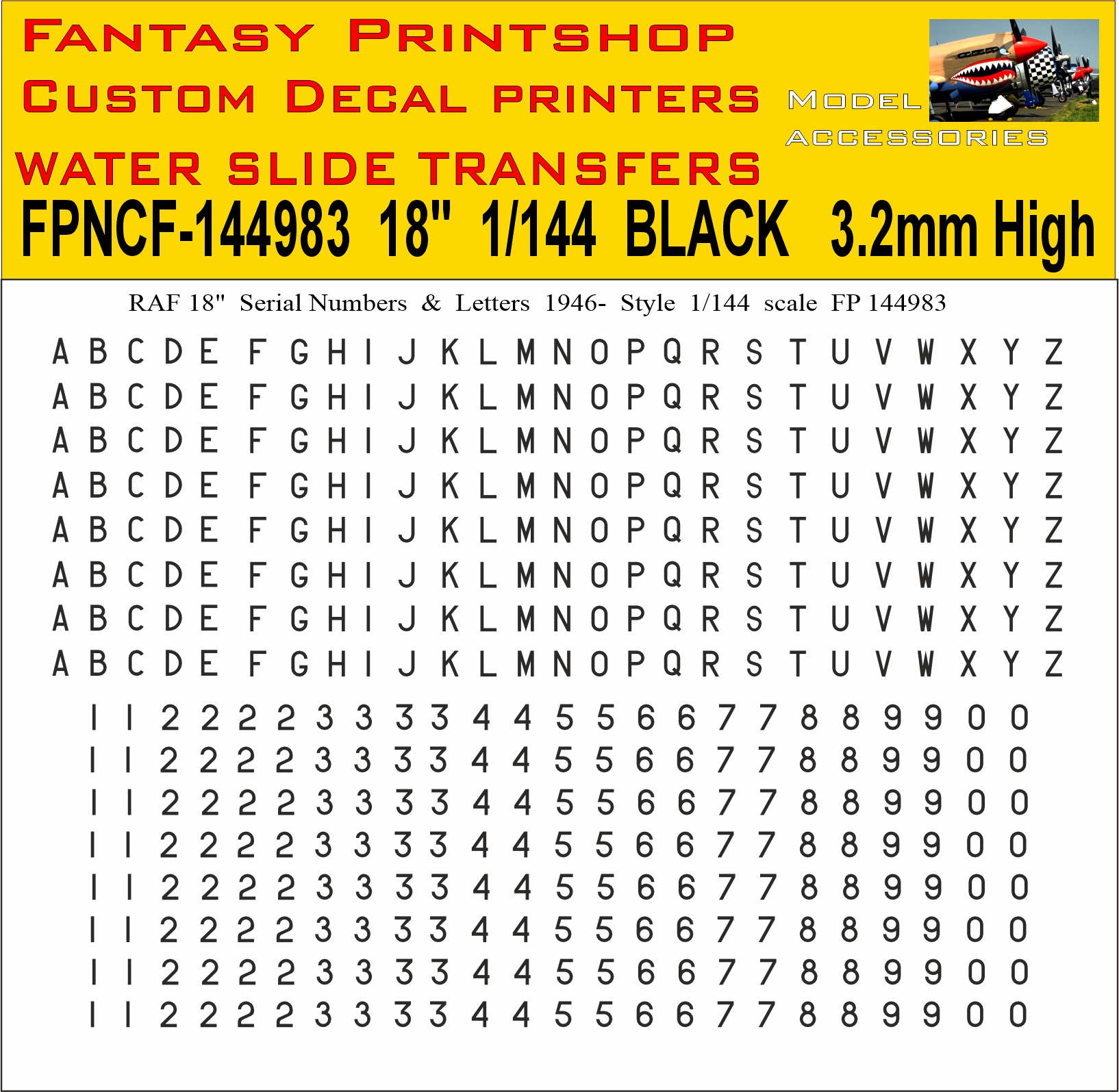 RAF 18 inch Letters and Numbers 1946- 1-144 DECALS IN BLACK, FP144983
