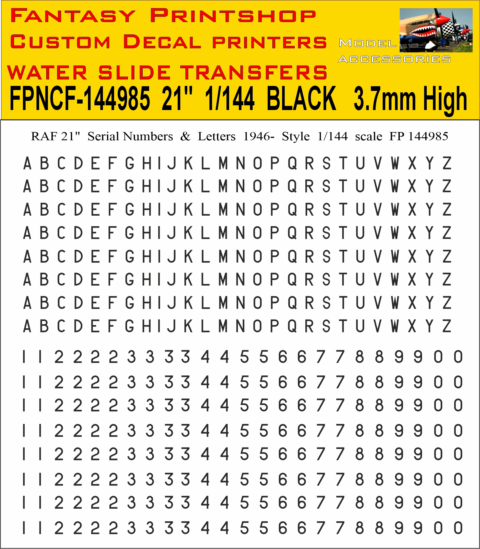 RAF 21 inch Letters and Numbers 1946- 1-144 DECALS IN BLACK, FP144985