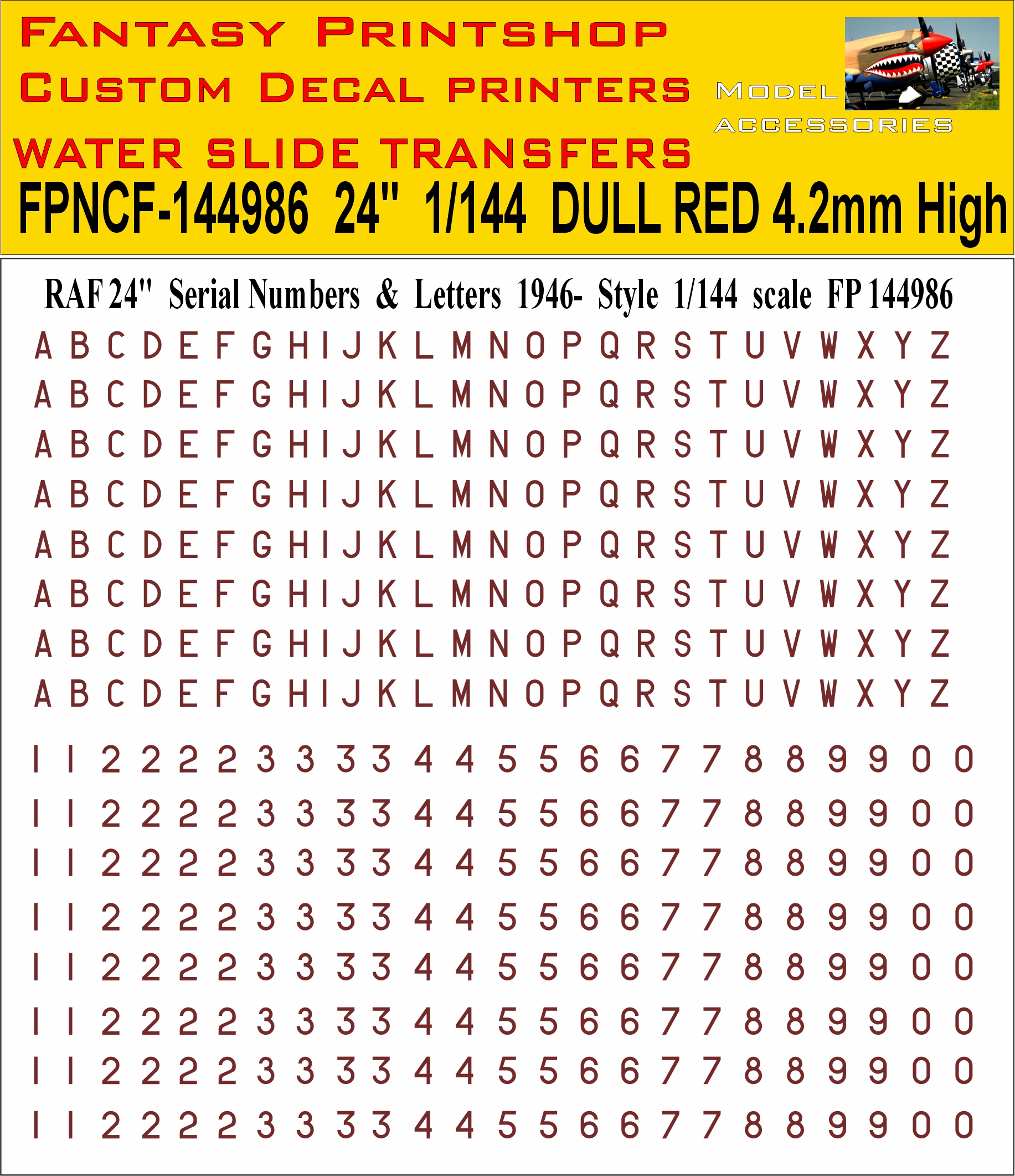 RAF 24 inch Letters and Numbers red 1946- 1-144 DECALS FP144986