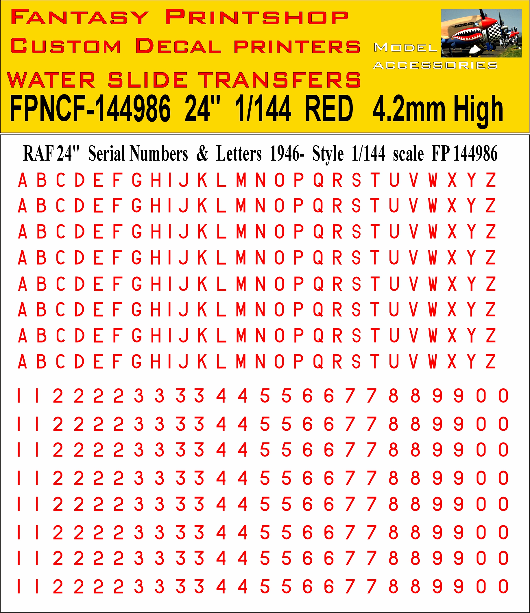RAF 24 inch Letters and Numbers red 1946- 1-144 DECALS FP144986