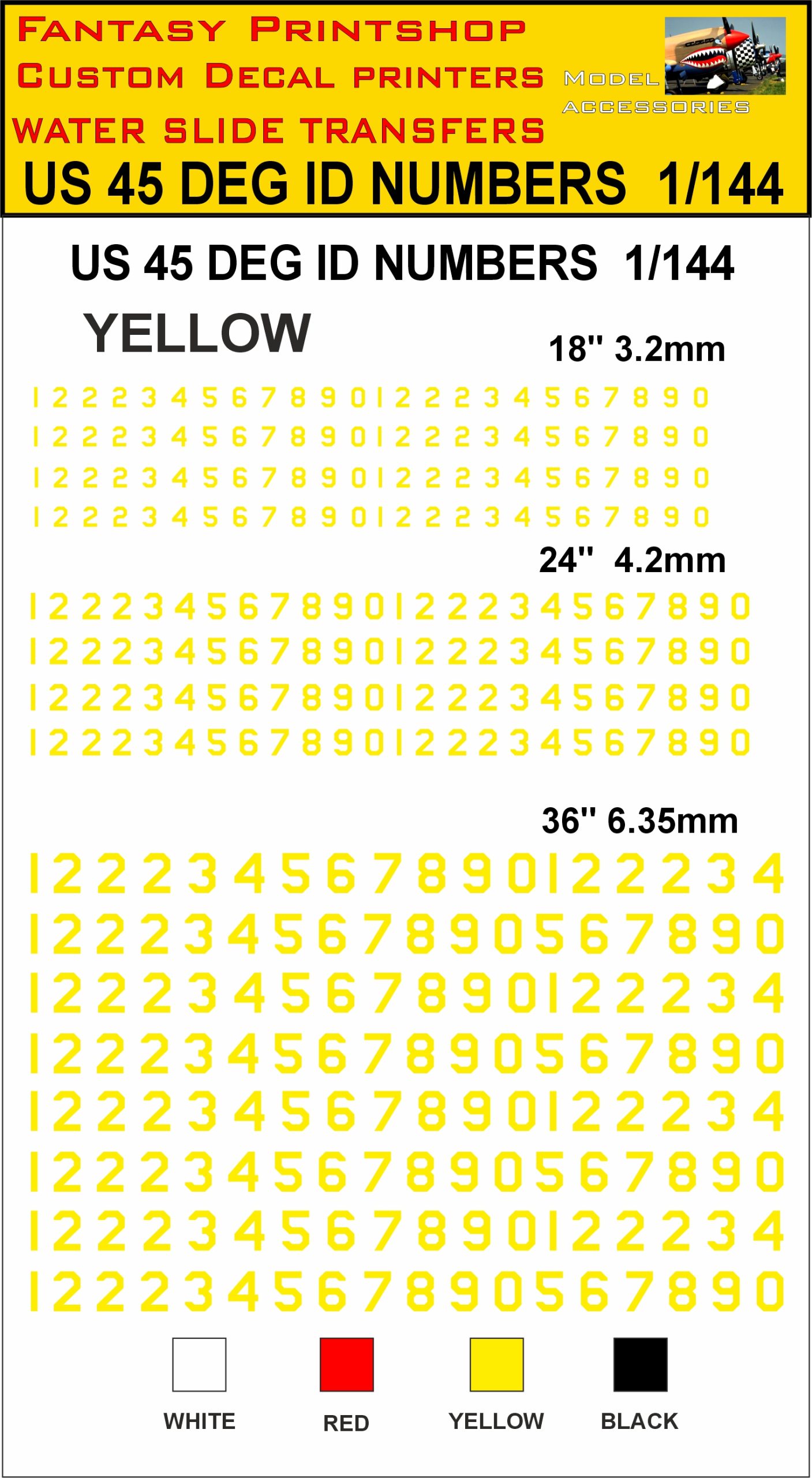 YELLOW 18 24 36 inch US 45 DEG NUMBERS