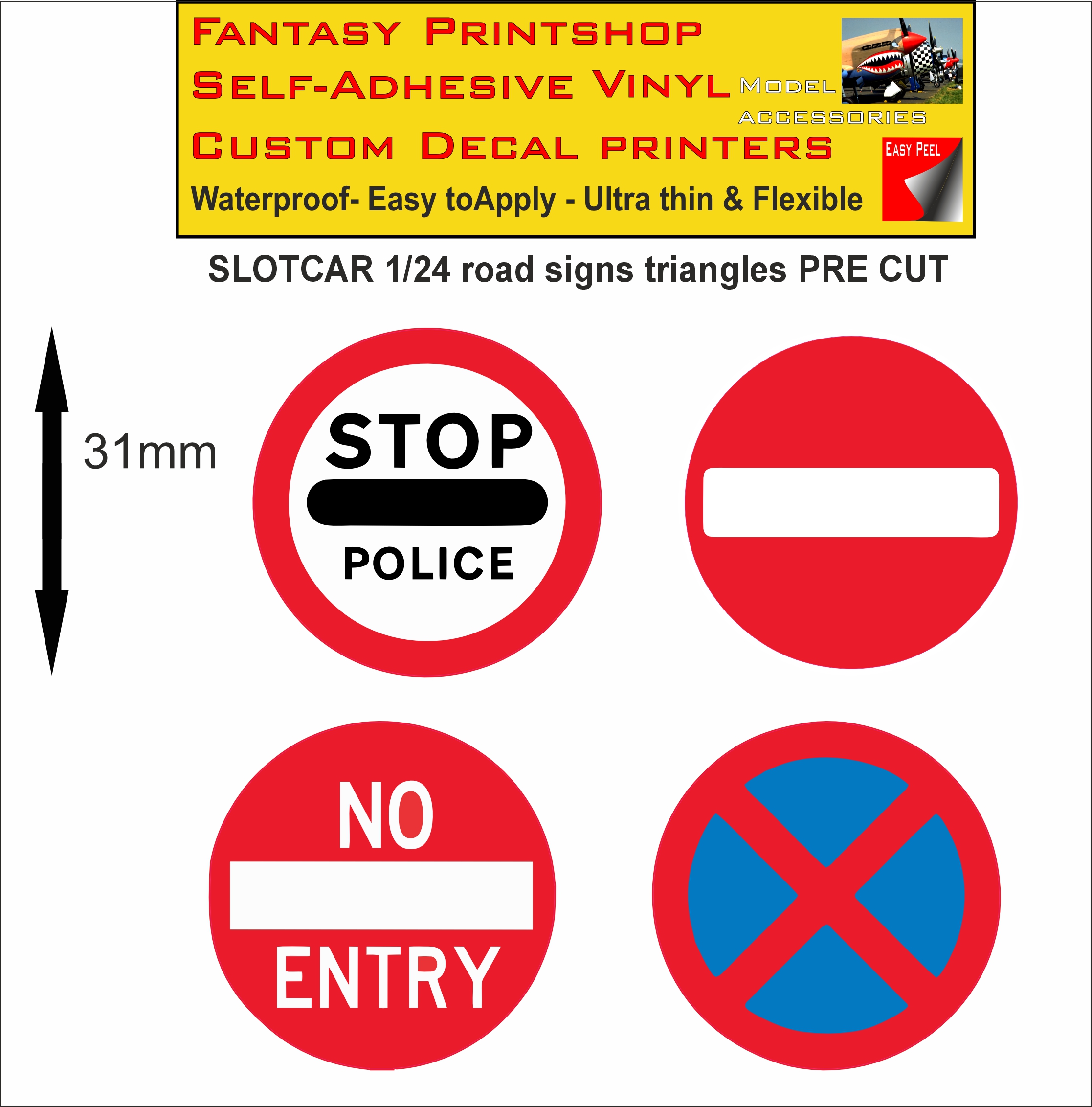 Scalextric slotcar road signs stickers 1/24 scale pre cut Scalextric slotcar road signs stickers 1/24 scale pre cut