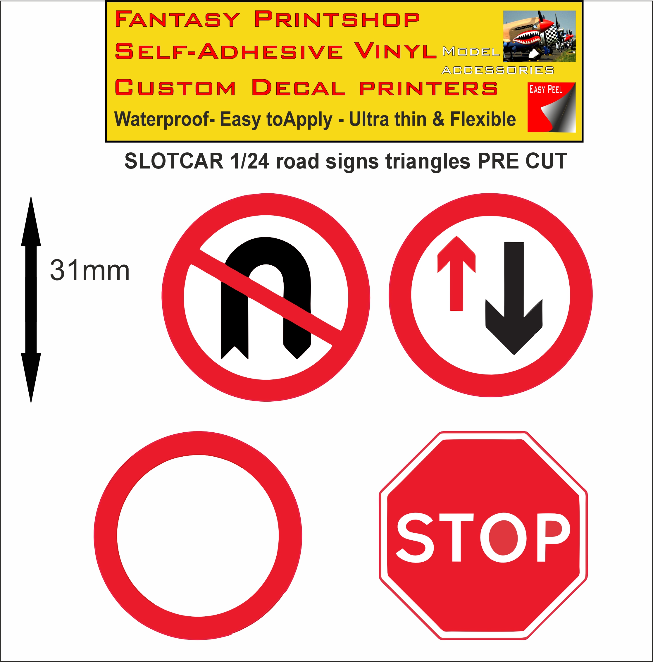 Scalextric slotcar road signs stickers 1/24 scale pre cut Scalextric slotcar road signs stickers 1/24 scale pre cut