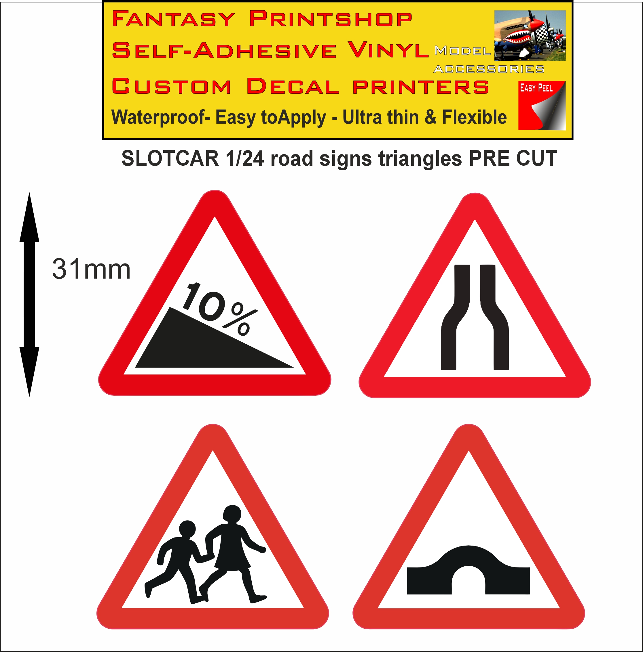 Scalextric slotcar road signs stickers 1/24 scale pre cut