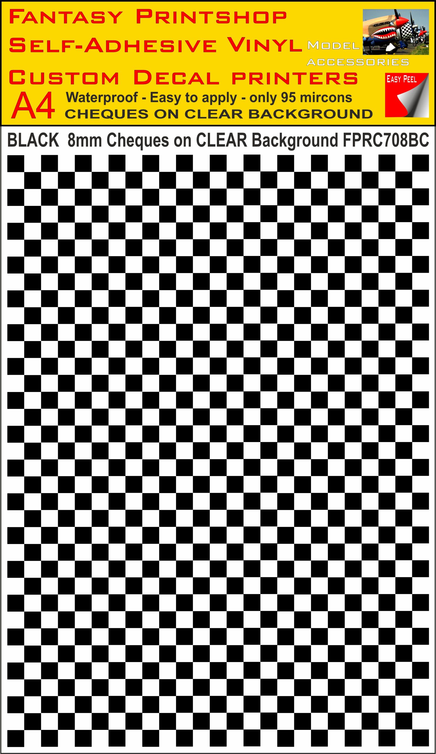 A4 BLACK 8MM SQUARES FPRC700BC CHEQUERED ON CLEAR BACKGROUND VINYL STICKER