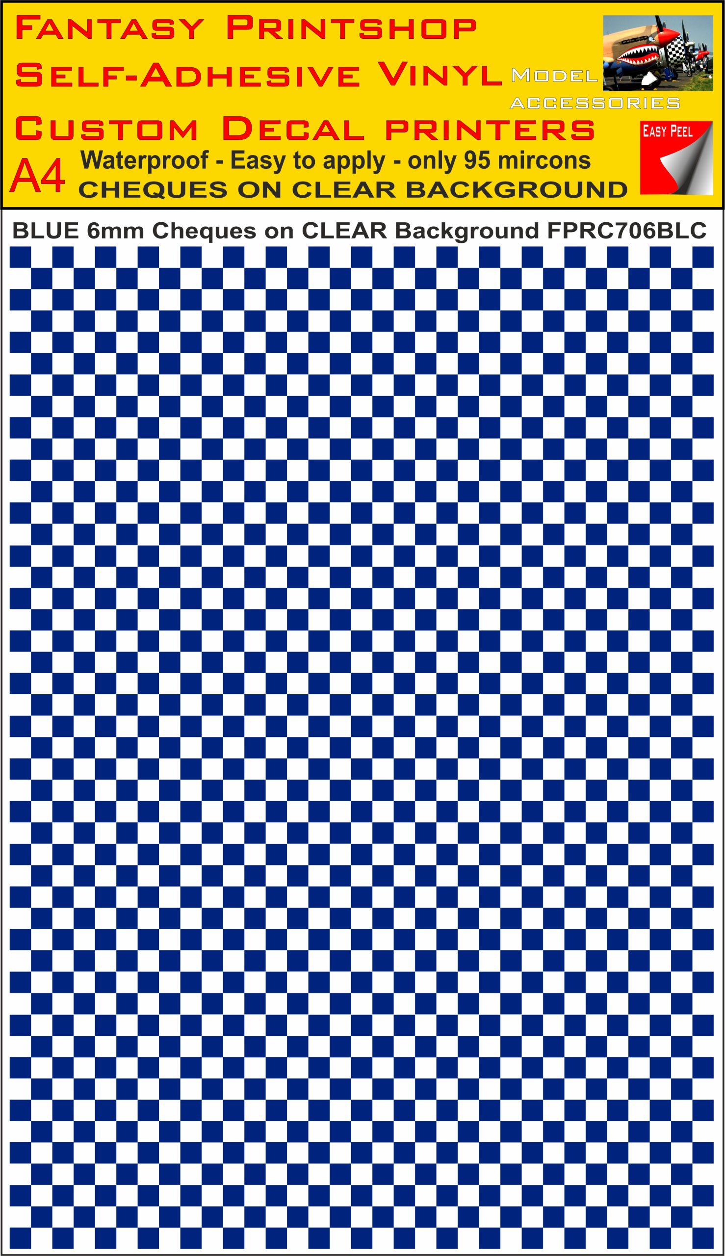 A4 BLUE 6MM SQUARES FPRC700BC CHEQUERED ON CLEAR BACKGROUND VINYL STICKER