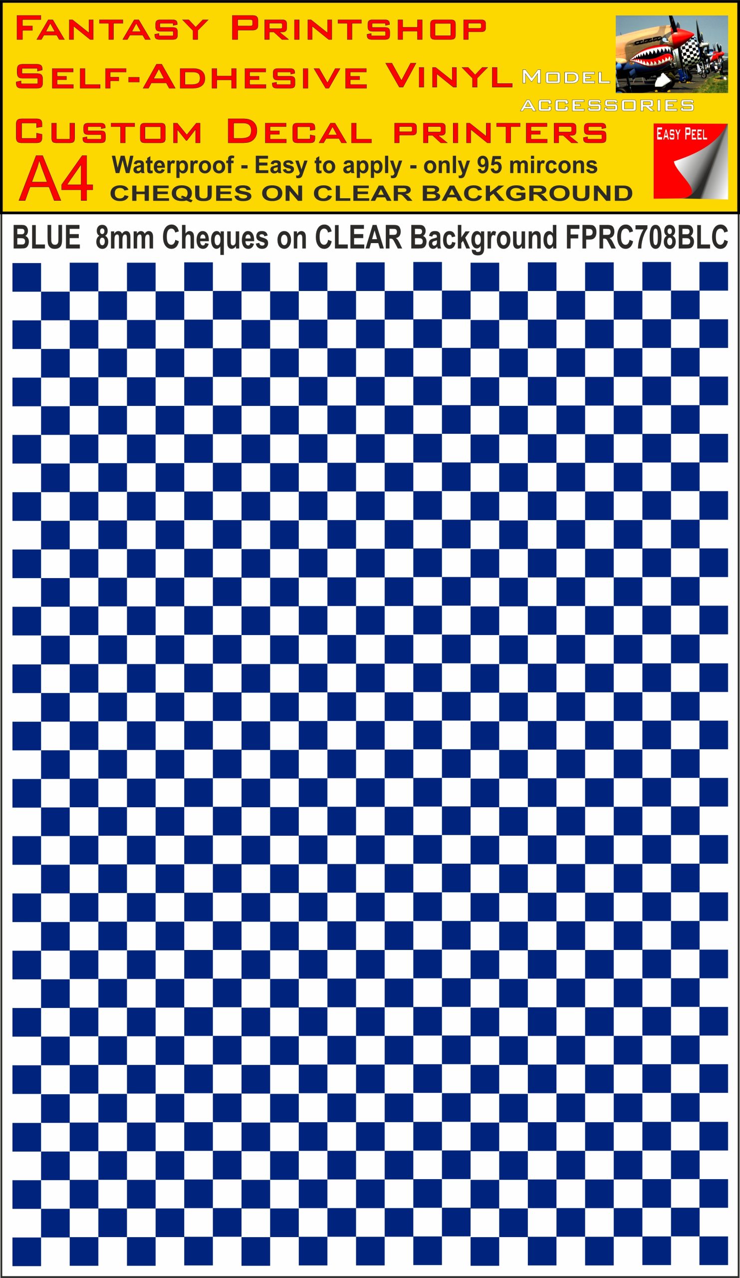 A4 BLUE 8MM SQUARES FPRC700BC CHEQUERED ON CLEAR BACKGROUND VINYL STICKER