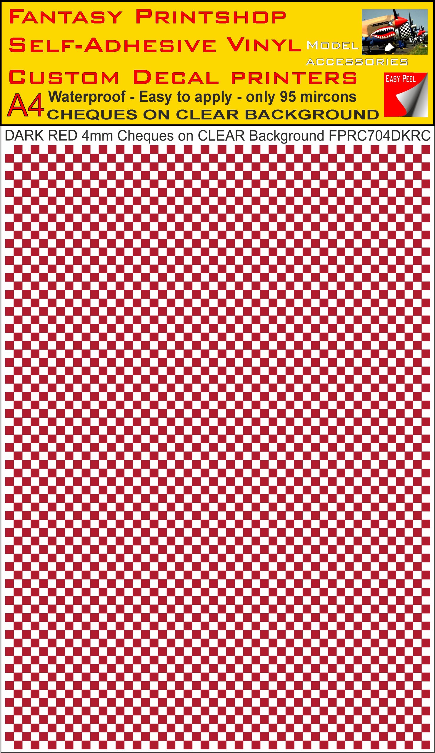 A4 DARK RED 4MM SQUARES FPRC700BC CHEQUERED ON CLEAR BACKGROUND VINYL STICKER