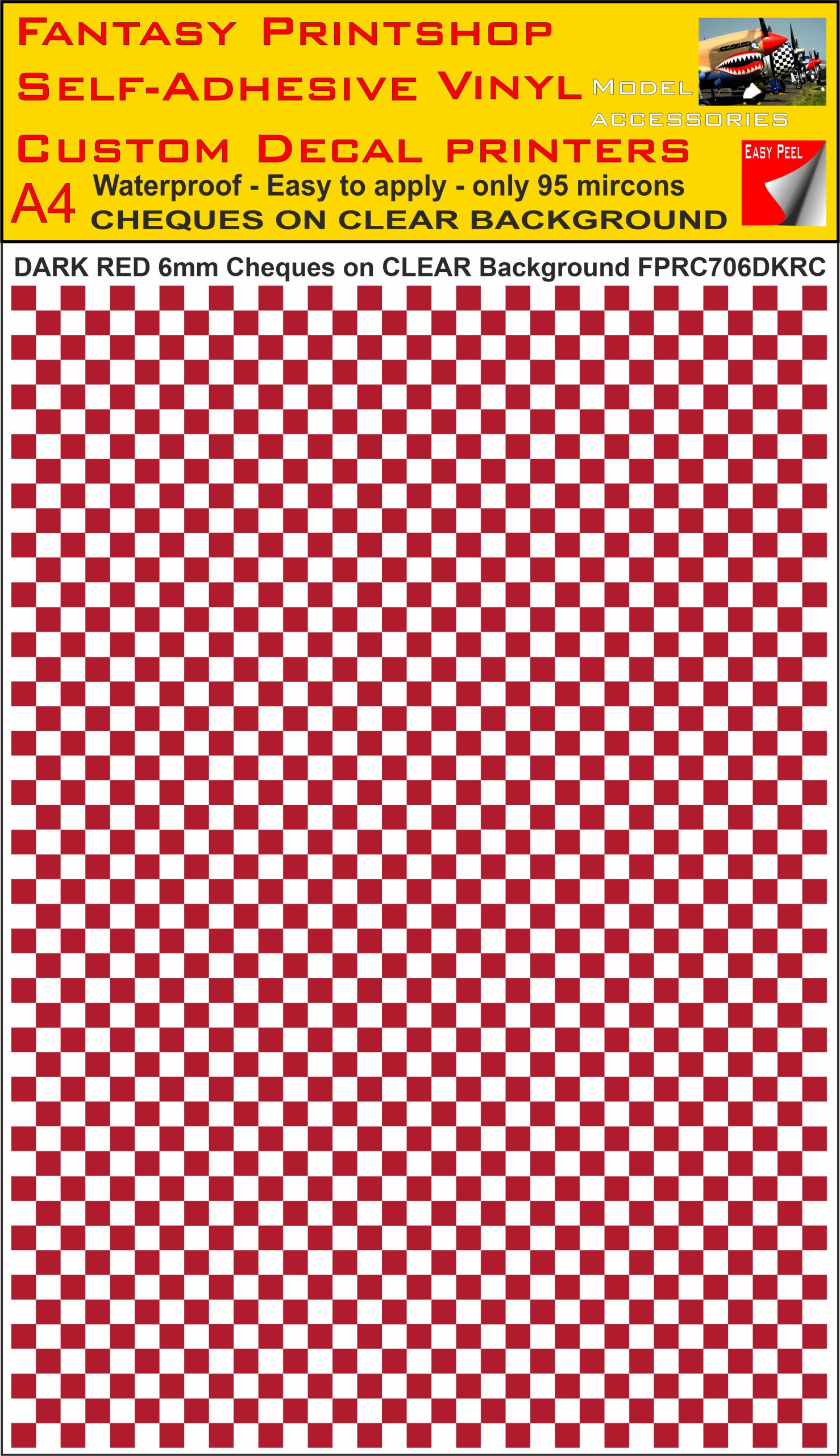 A4 DARK RED 6MM SQUARES FPRC700BC CHEQUERED ON CLEAR BACKGROUND VINYL STICKER
