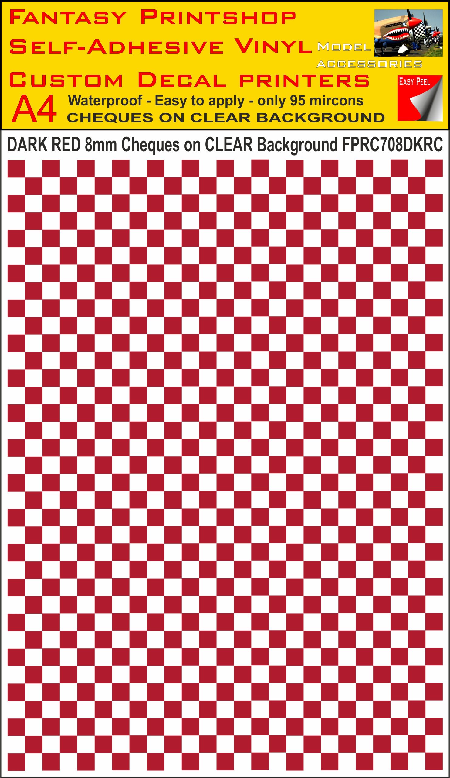 A4 DARK RED 8MM SQUARES FPRC700BC CHEQUERED ON CLEAR BACKGROUND VINYL STICKER