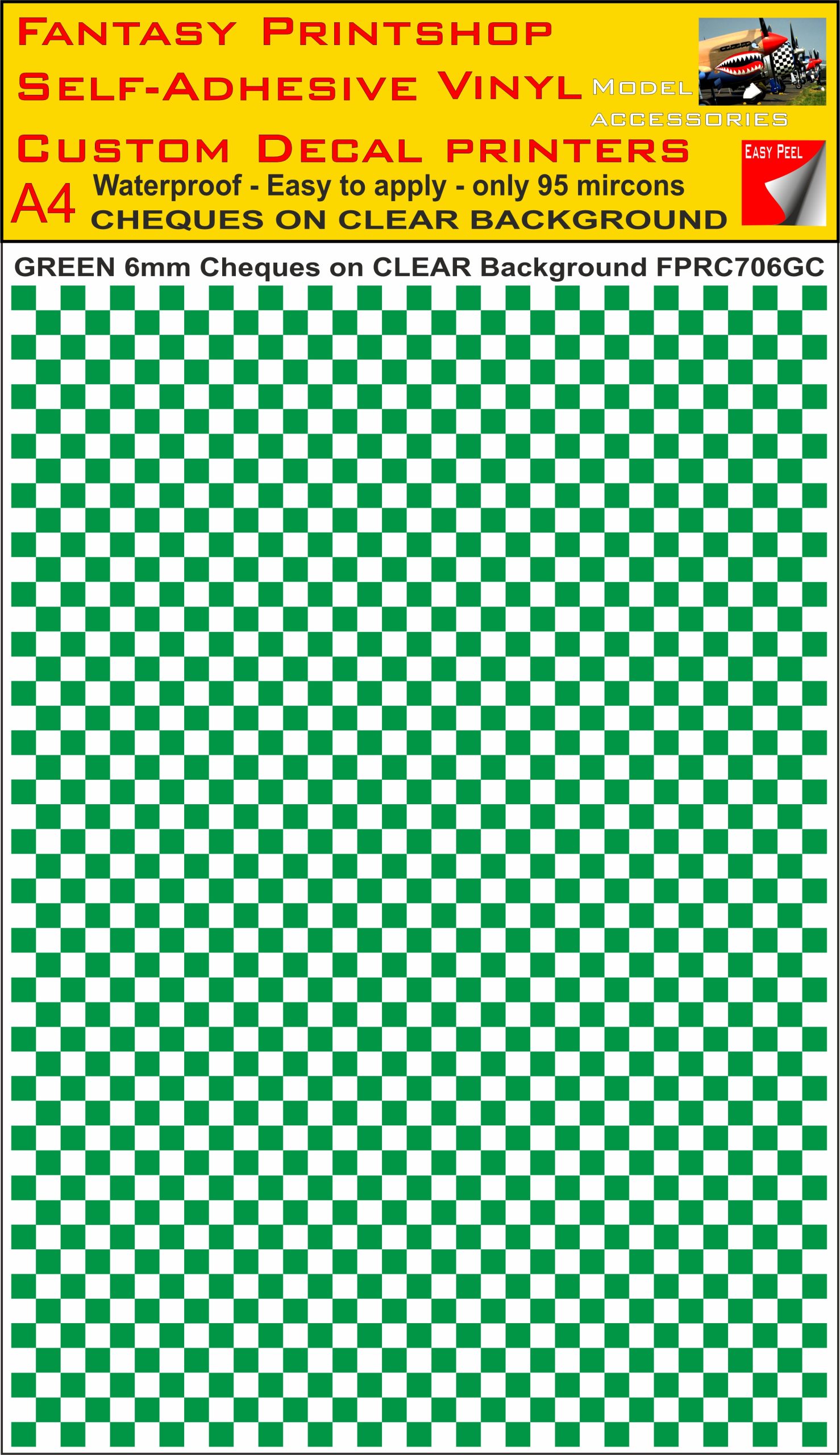 A4 GREEN 6MM SQUARES FPRC700BC CHEQUERED ON CLEAR BACKGROUND VINYL STICKER