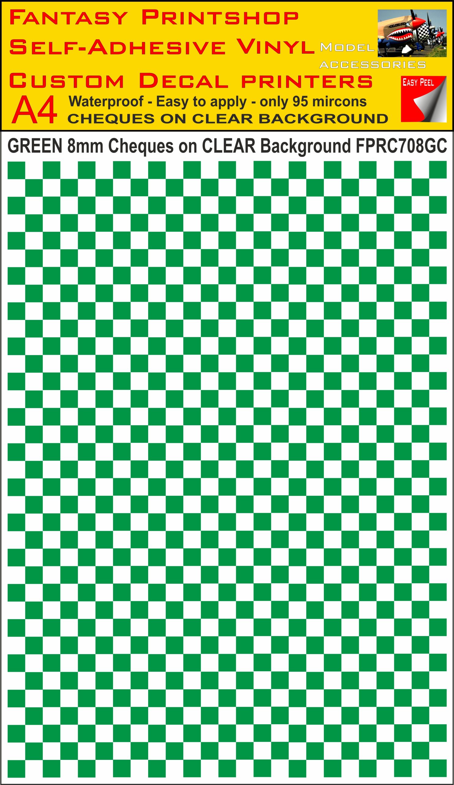 A4 GREEN 8MM SQUARES FPRC700BC CHEQUERED ON CLEAR BACKGROUND VINYL STICKER