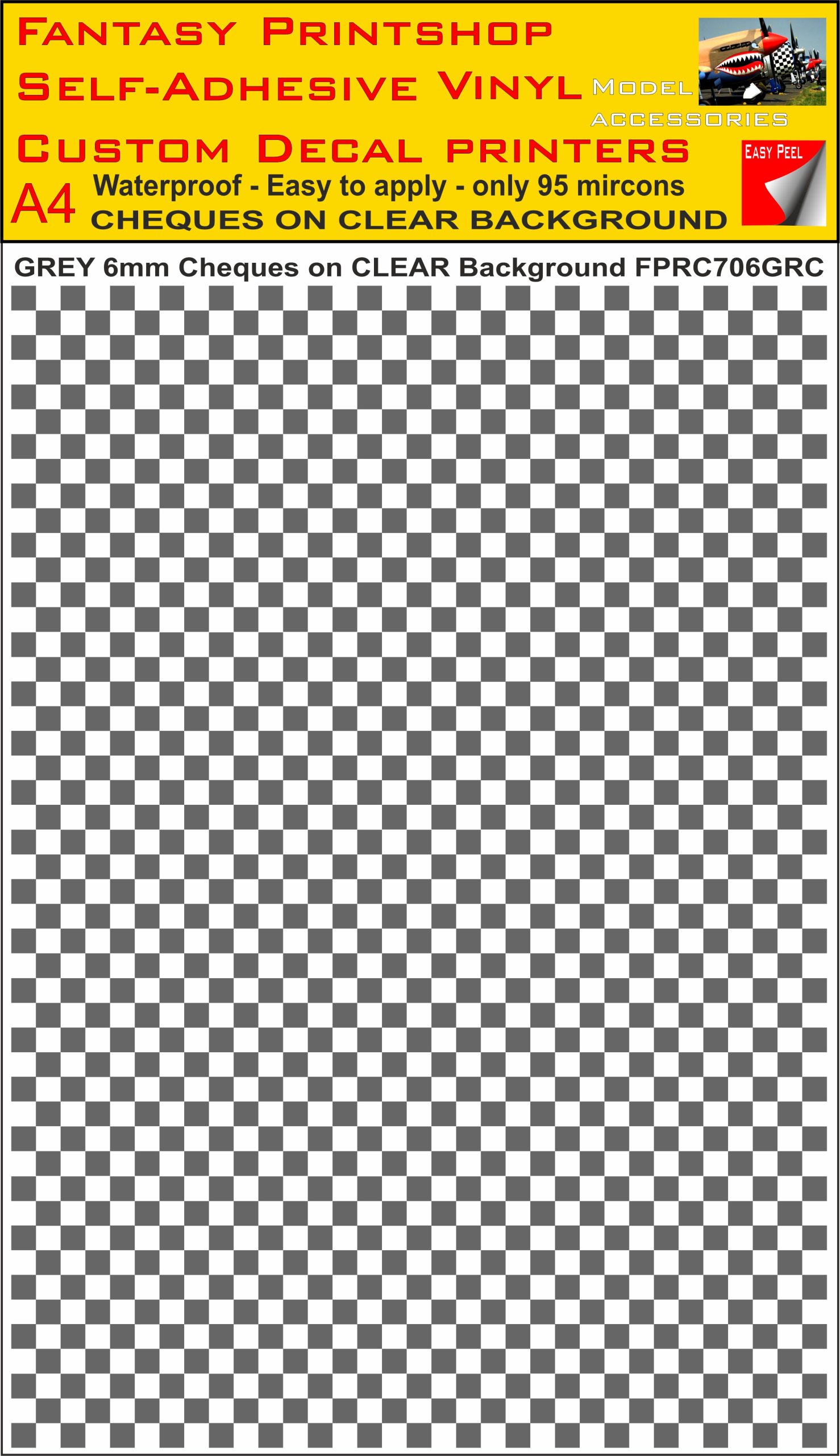 A4 GREY 6MM SQUARES FPRC700BC CHEQUERED ON CLEAR BACKGROUND VINYL STICKER