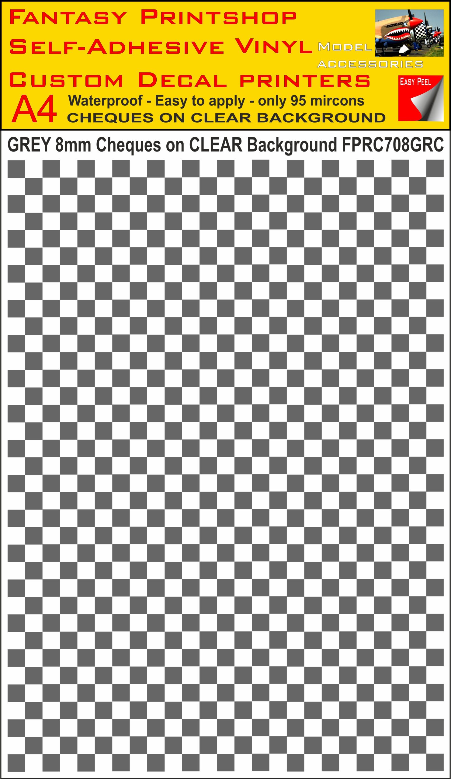 A4 GREY 8MM SQUARES FPRC700BC CHEQUERED ON CLEAR BACKGROUND VINYL STICKER