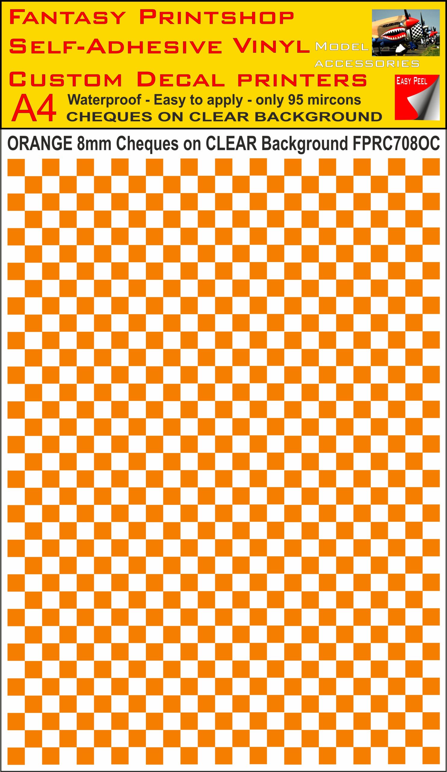 A4 ORANGE 8MM SQUARES FPRC700BC CHEQUERED ON CLEAR BACKGROUND VINYL STICKER