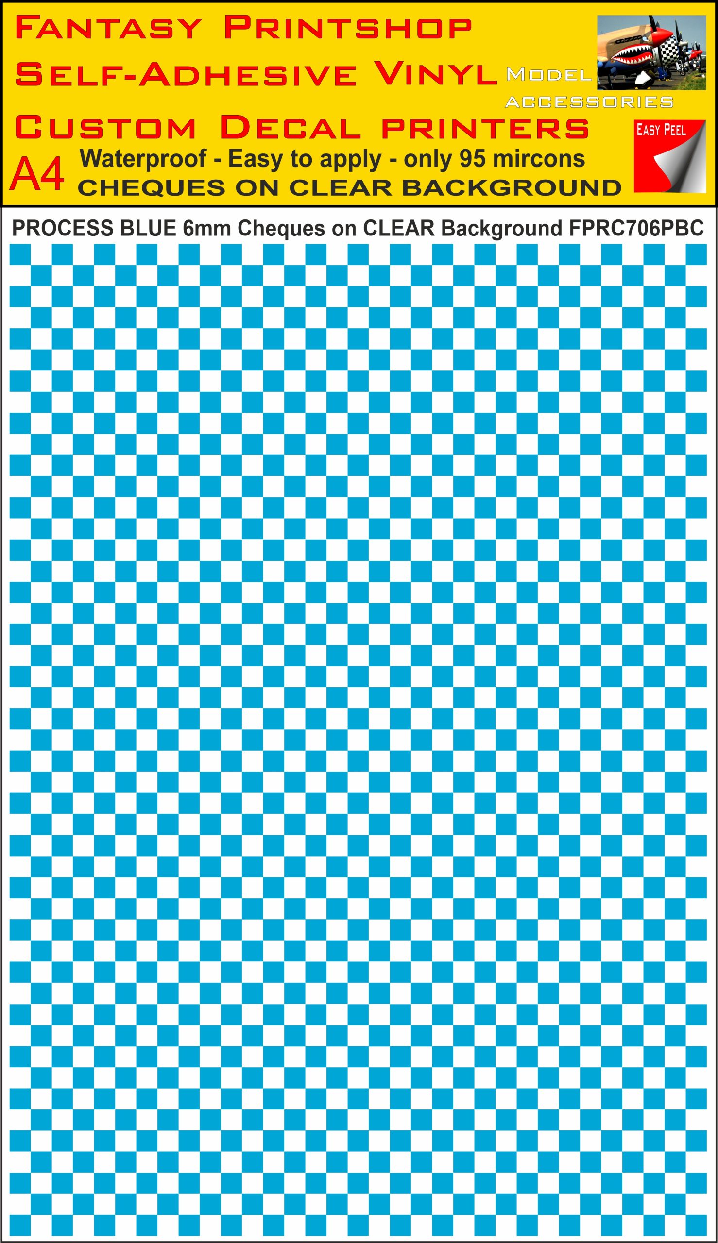 A4 PROCESS BLUE 6MM SQUARES FPRC700BC CHEQUERED ON CLEAR BACKGROUND VINYL STICKER