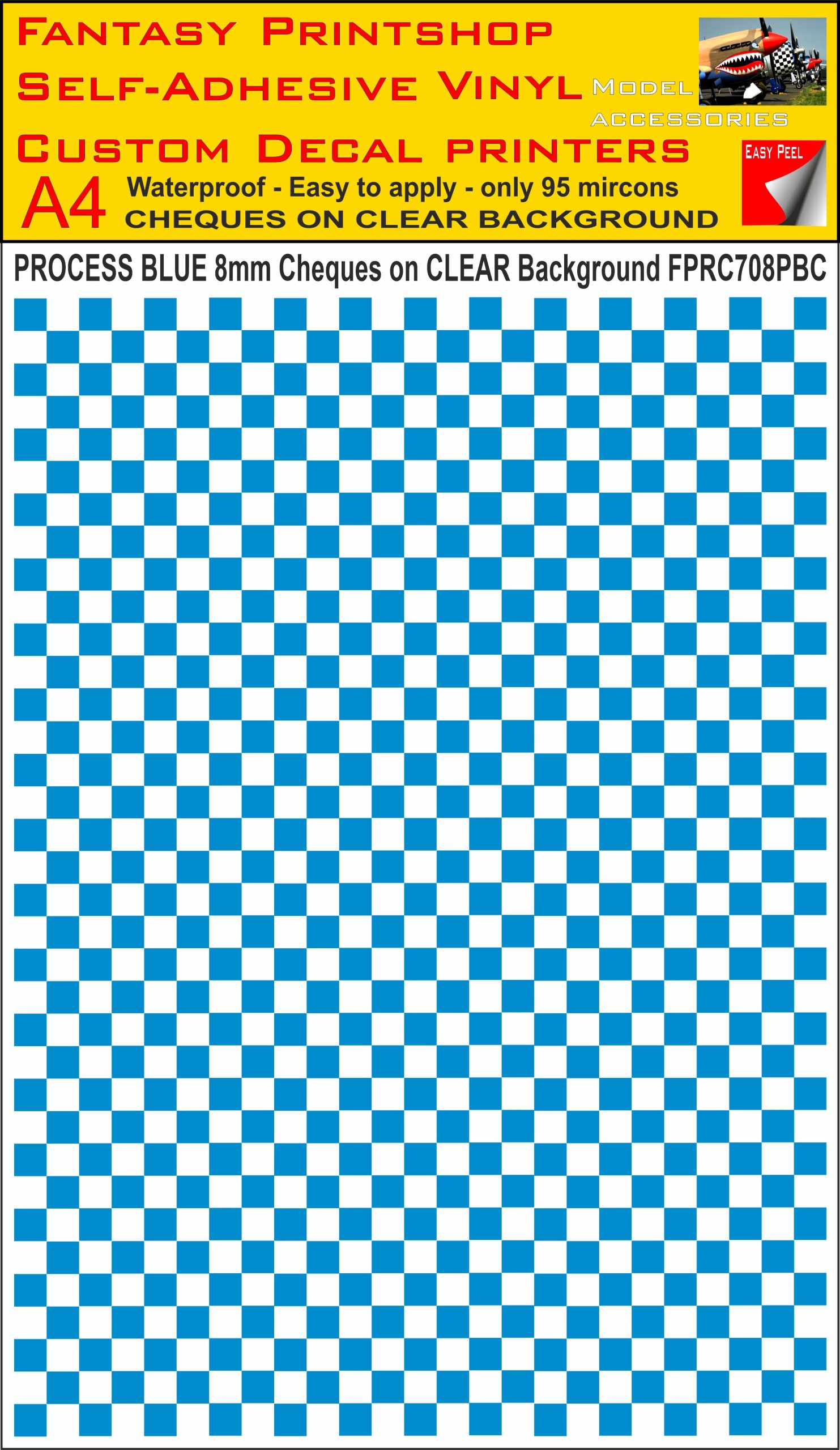 A4 PROCESS BLUE 8MM SQUARES FPRC700BC CHEQUERED ON CLEAR BACKGROUND VINYL STICKER