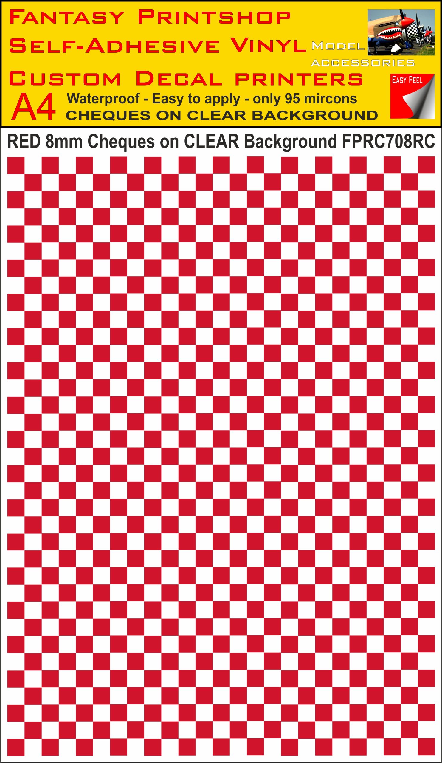 A4 RED 8MM SQUARES FPRC700BC CHEQUERED ON CLEAR BACKGROUND VINYL STICKER