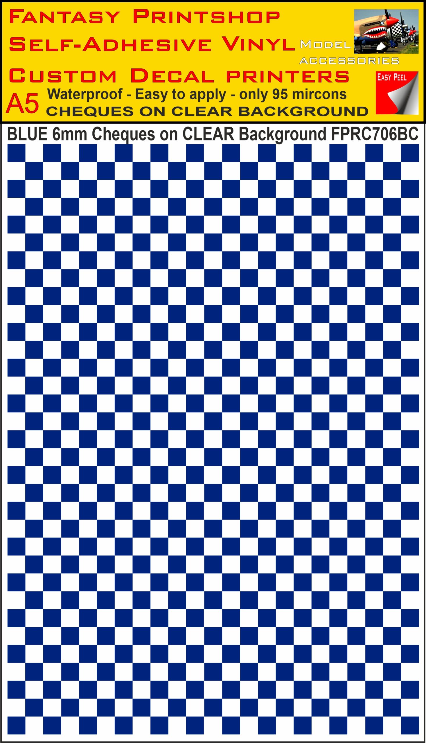 A5 BLUE 6MM SQUARES FPRC700BC CHEQUERED ON CLEAR BACKGROUND VINYL STICKER