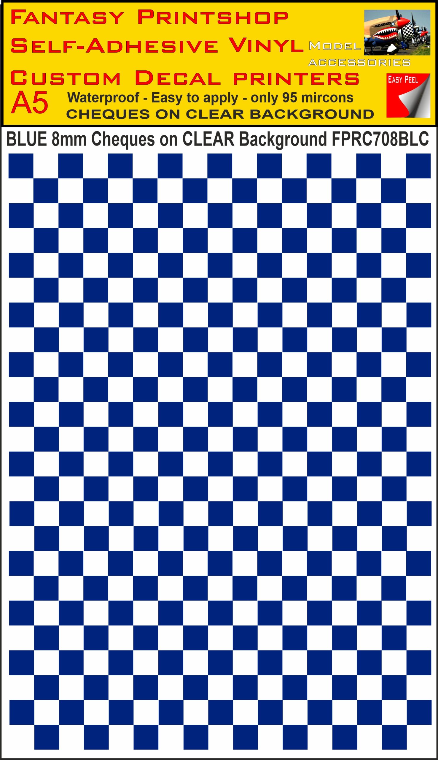 A5 BLUE 8MM SQUARES FPRC700BC CHEQUERED ON CLEAR BACKGROUND VINYL STICKER