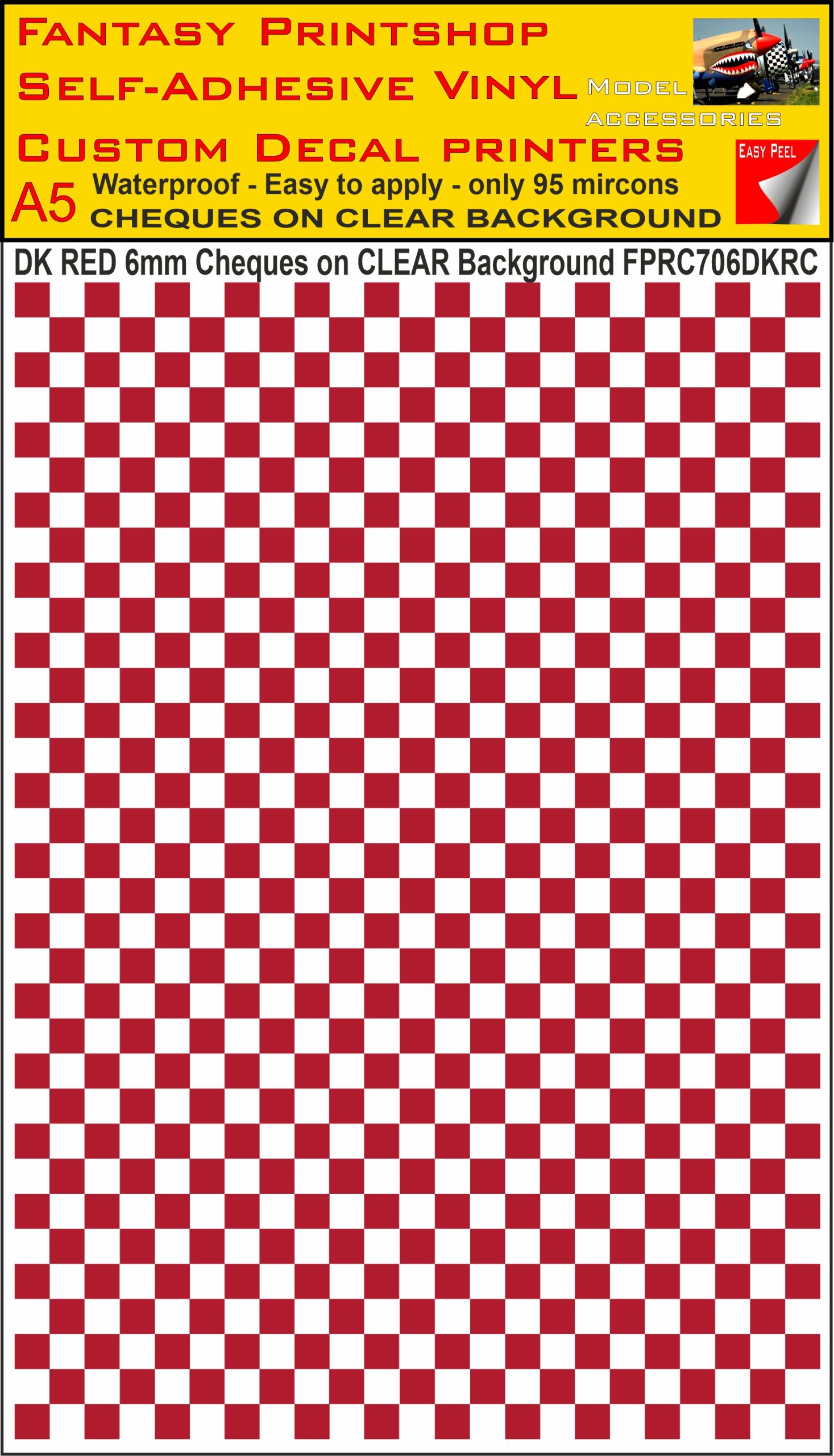 A5 DARK RED 6MM SQUARES FPRC700BC CHEQUERED ON CLEAR BACKGROUND VINYL STICKER
