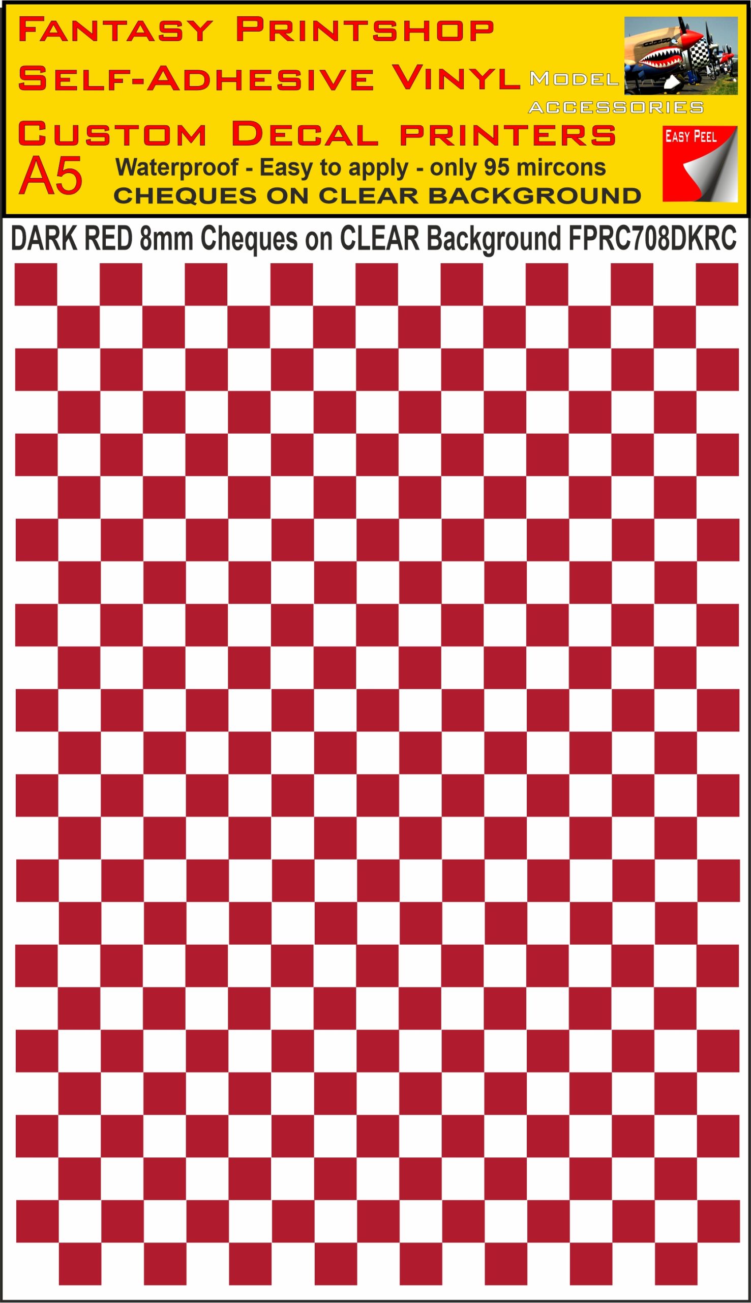 A5 DARK RED 8MM SQUARES FPRC700BC CHEQUERED ON CLEAR BACKGROUND VINYL STICKER