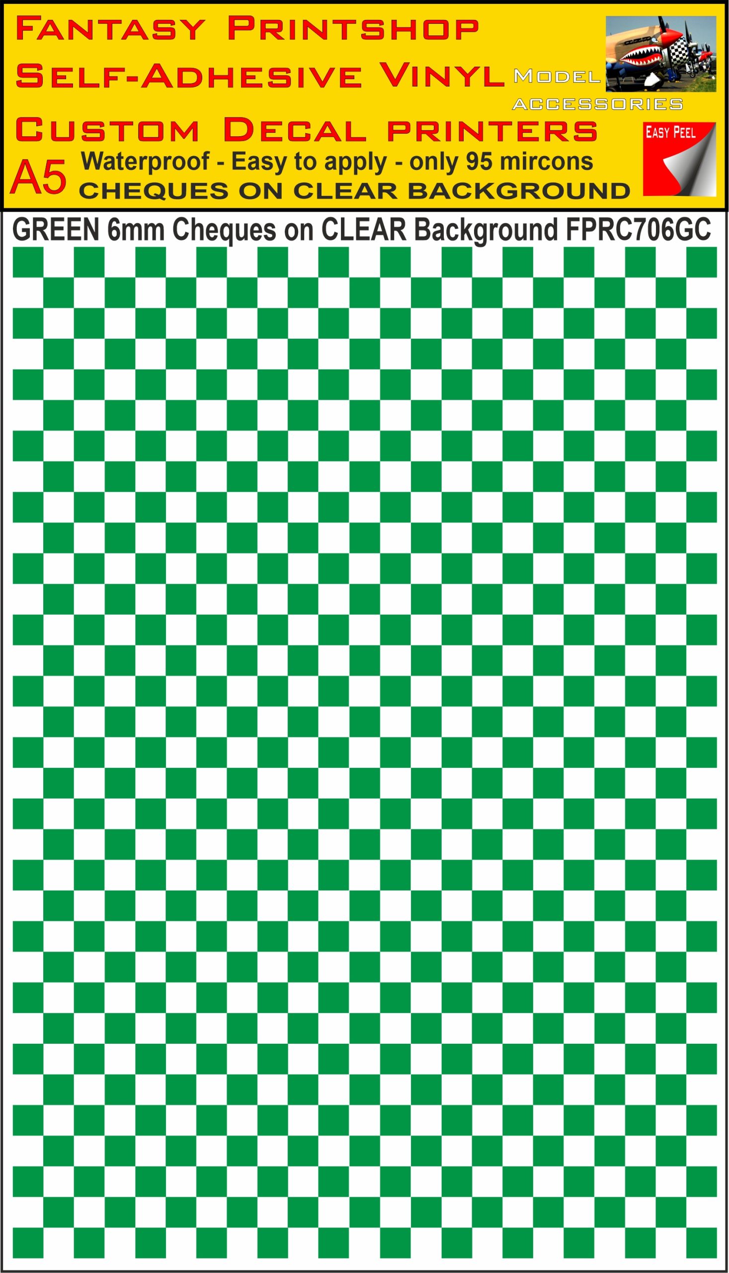 A5 GREEN 6MM SQUARES FPRC700BC CHEQUERED ON CLEAR BACKGROUND VINYL STICKER