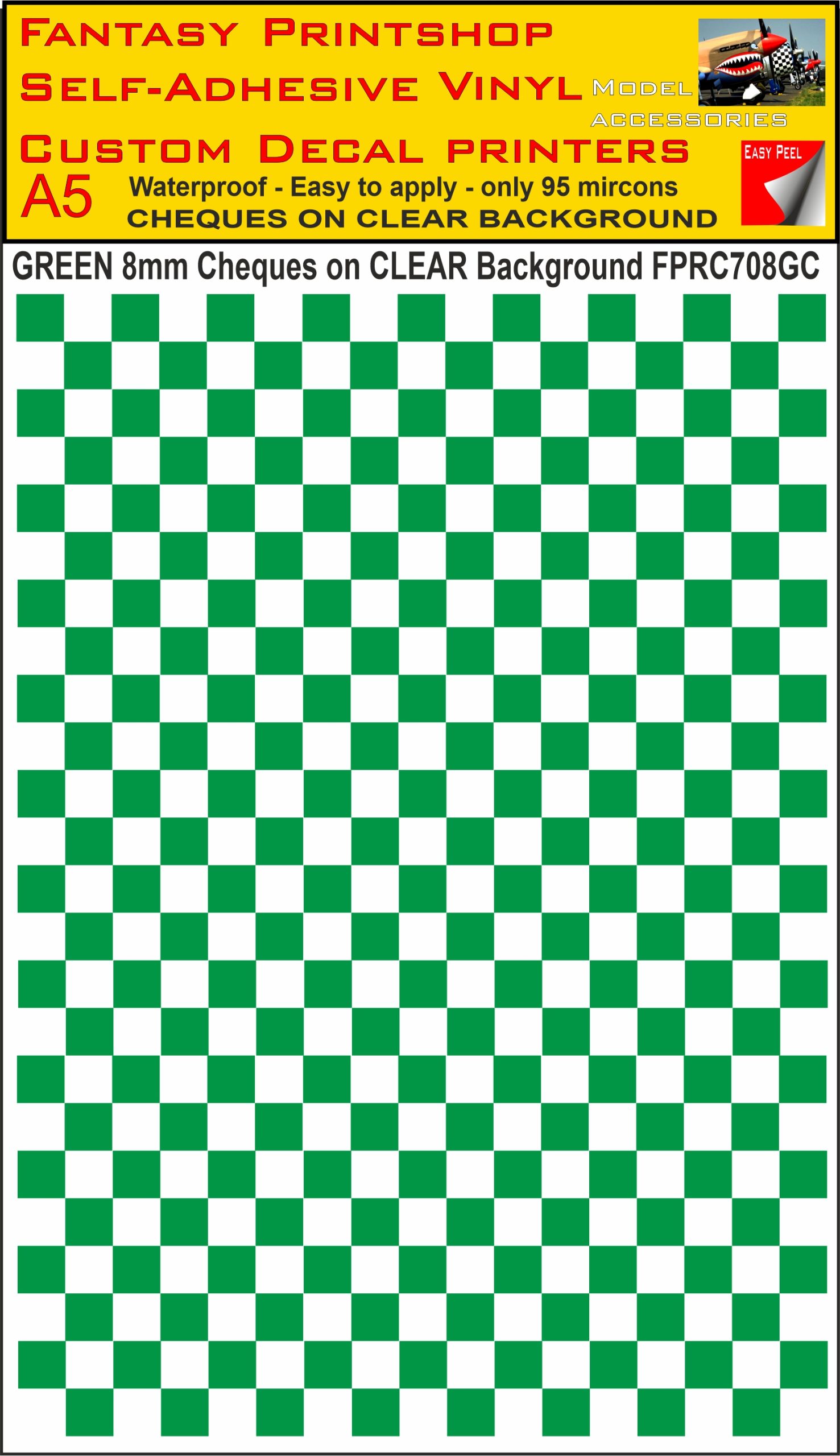 A5 GREEN 8MM SQUARES FPRC700BC CHEQUERED ON CLEAR BACKGROUND VINYL STICKER